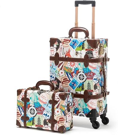 review COTRUNKAGE Vintage Suitcase Set 2 Pieces for Women with Spinner Wheels, TSA Locks, Carry On 20 Inch (Stamp)