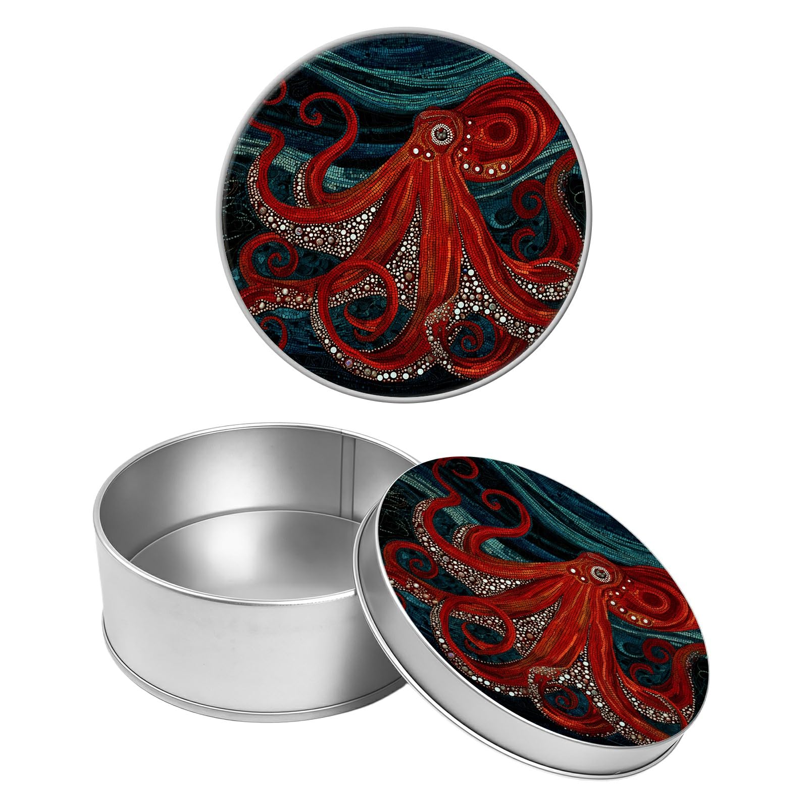 Round Metal Tin Container with Removable Lid, Red Octopus Durable Metal Storage Box for Crafts Snacks Candies Office Supplies Small Items 3.54 x 1.38 inch– Single Pack