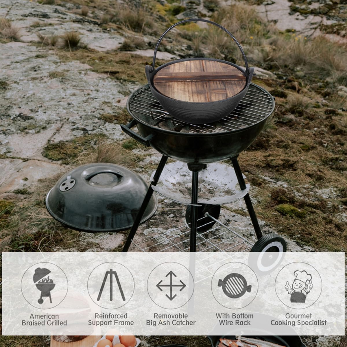 Cast Iron Sukiyaki Pot with Wooden Lid 20Cm Japanese Style Hanging Hot Pot Outdoor Cooking for Camping and Hiking
