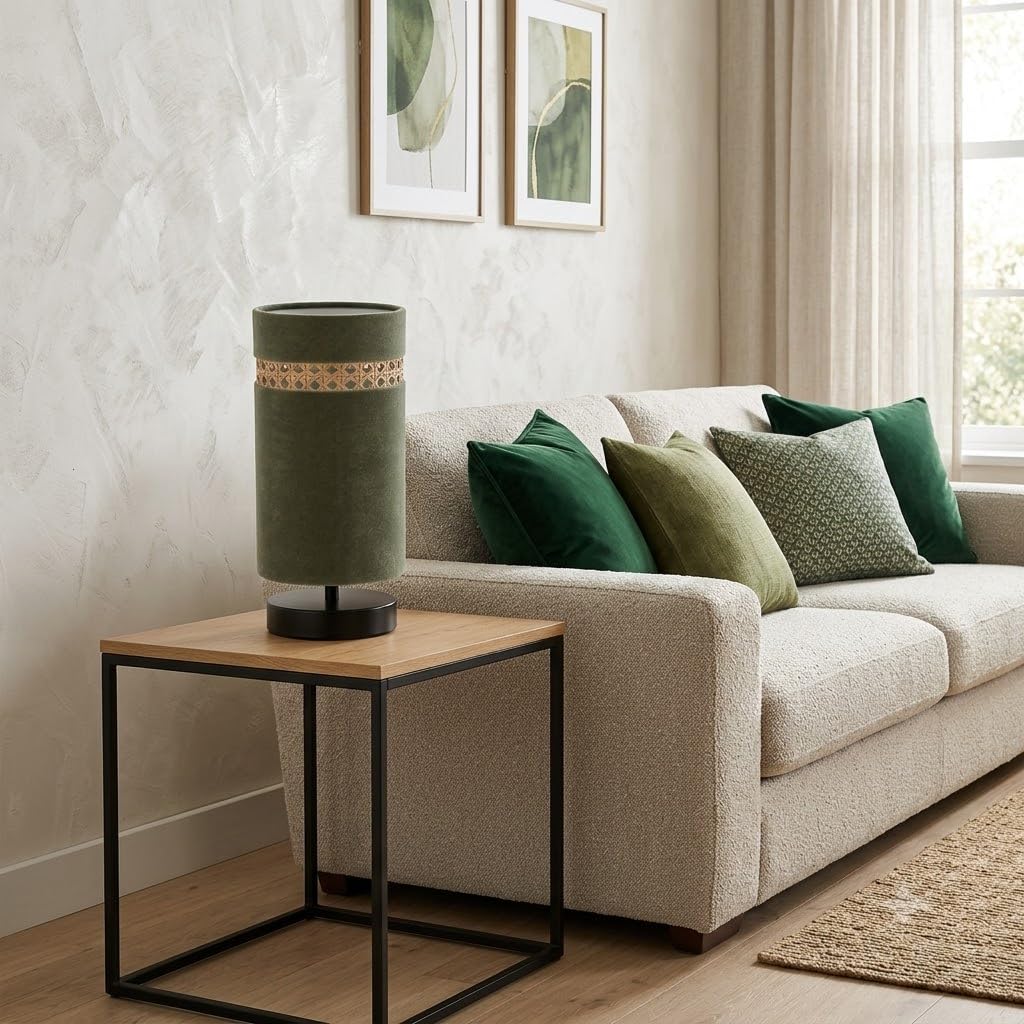 Olive Green Velvet Table Lamp with Rattan Cane Accent Band | Black Round Base, Living Room Decor, Boho Style, Side Table Lamp, Fabric Shade-image-25