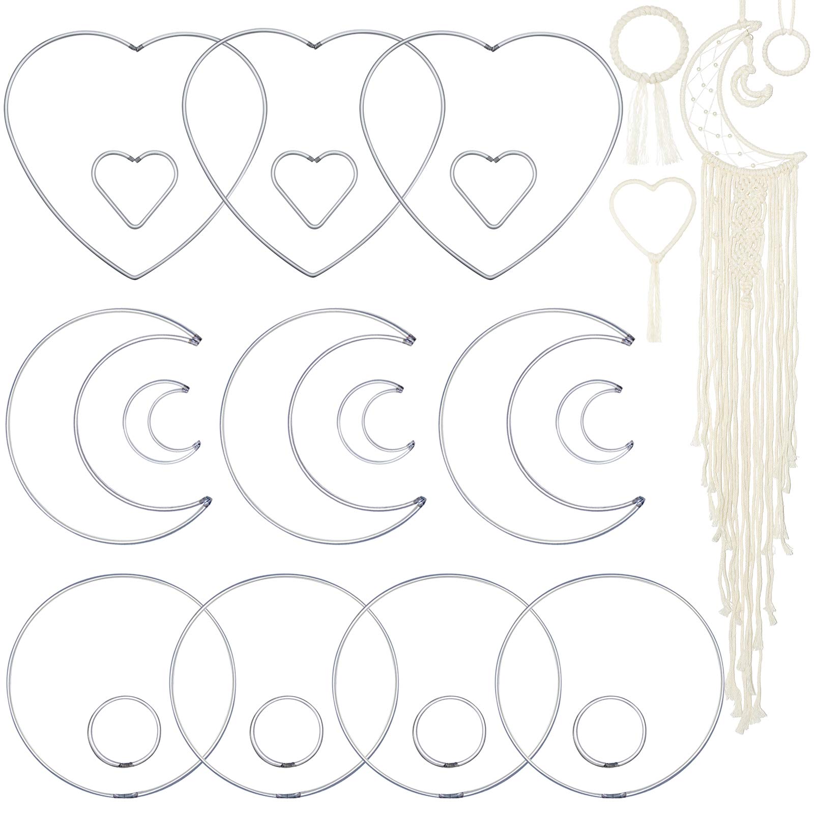 20 Pieces Metal Dream Catcher Rings Circle Heart Moon Shaped Macrame Hoop Catcher Rings for DIY Crafts Wedding Wreath Wall Hanging Decor