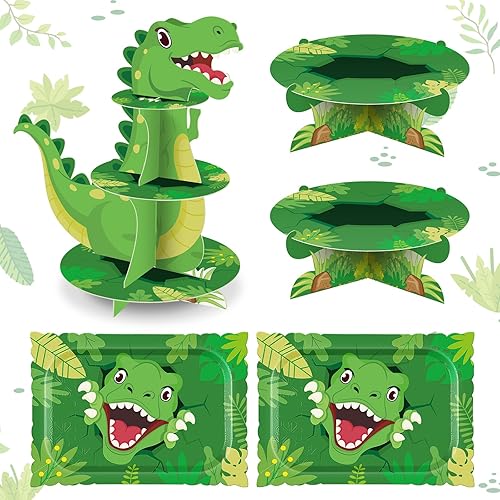 Weewooday Juego de 5 soportes para cupcakes de dinosaurio, 1 torre para cupcakes de dinosaurio de 3 niveles, 2 soportes para cupcakes de 1 nivel, 2