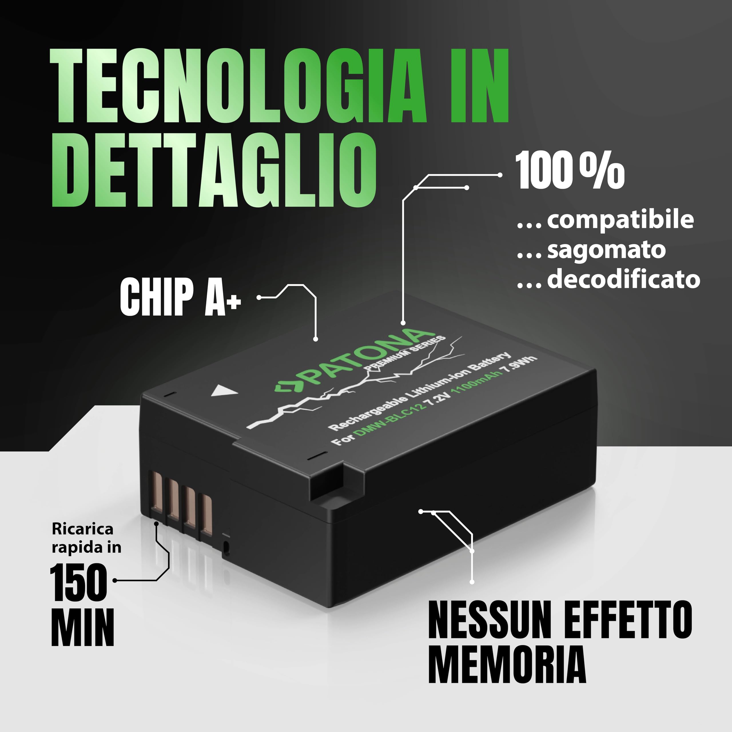 PATONA 2X Premium DMW-BLC12 Batteria 1100mAh – Ricambio per Panasonic DMW-BLC12E – per Lumix FZ200 FZ300 FZ330 FZ1000 FZ2000, G5 G6 G7 G70 G81 G85 G91, GH2, GX8 e Leica CL, Q Typ 116, V-Lux 4 5