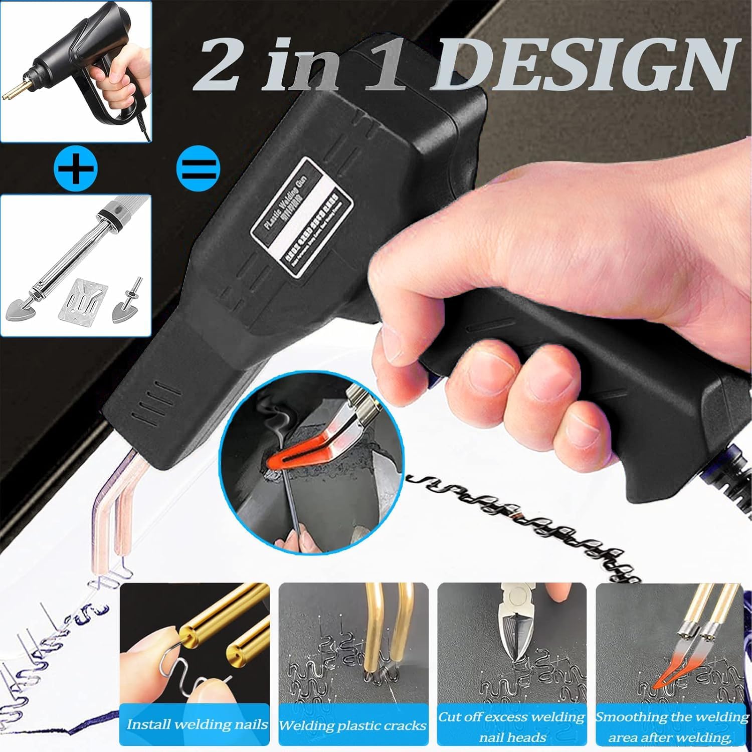 Soldador de plástico de 220 W, 2 em 1 soldagem de plástico, 800 grampos,reparação de para-choques de carro,com 2 peças hastes de soldagem, alicates e facas(negro)
