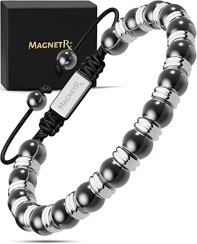 MagnetRX Magnetic Hematite Bracelet - Max Strength Magnet Stones - Beaded Magnetic Bracelets for Men and Women Silver Titan 8mm Bead