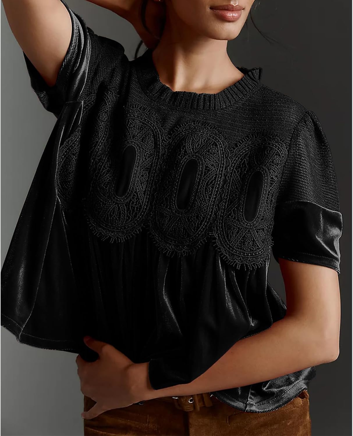 Women's Velvet Lace Babydoll Tops Casual Round Neck Short Sleeve Flared Swing Blouse Elegant Pleated Loose Fit Shirts - Image 2
