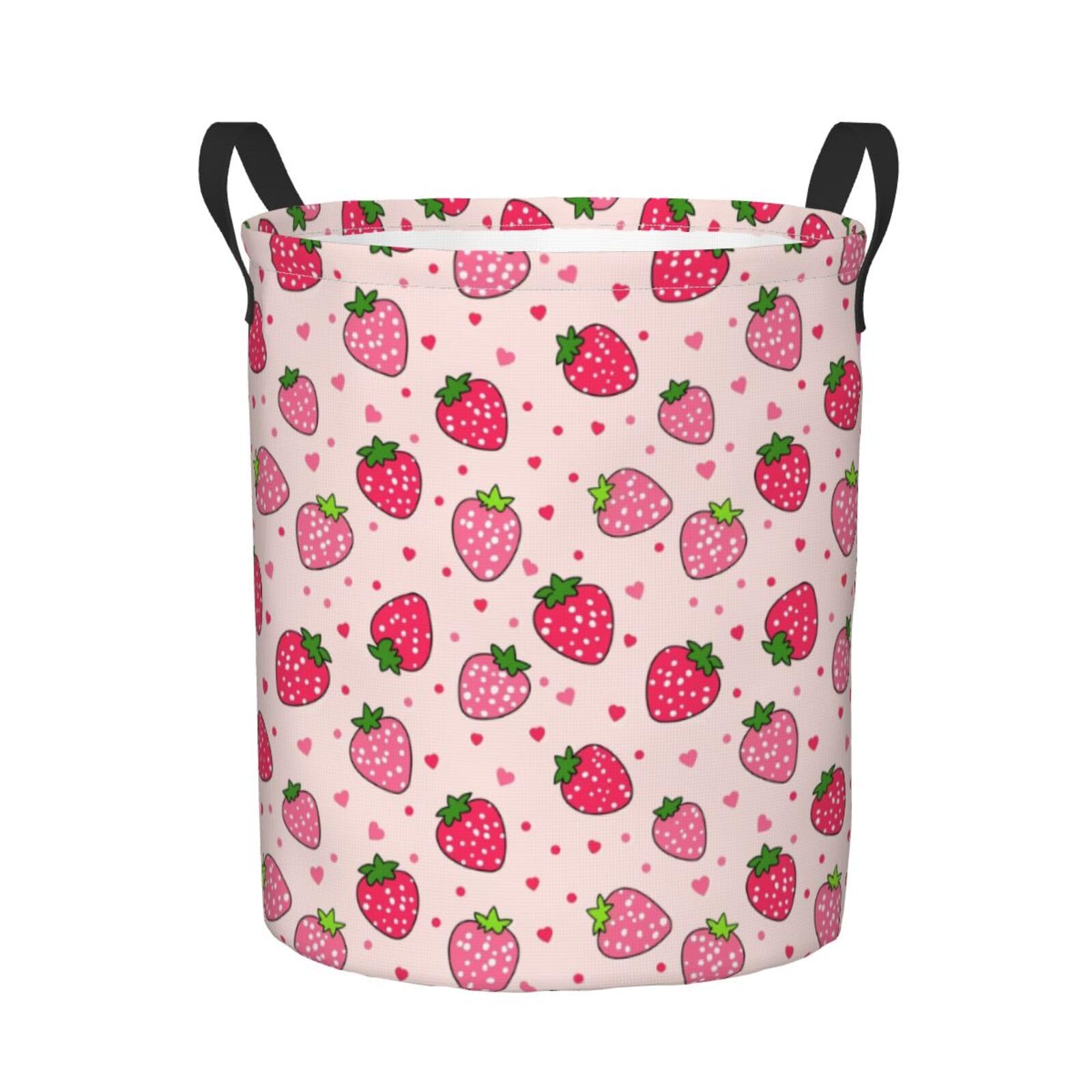 Dujiea Pink Strawberry Laundry Basket Round with Handle, Collapsible Foldable Canvas Storage Bin Dirty Clothes Bag for Laundry/Toys Organizer/College Dorm/Nursery/Decor(2 Sizes)