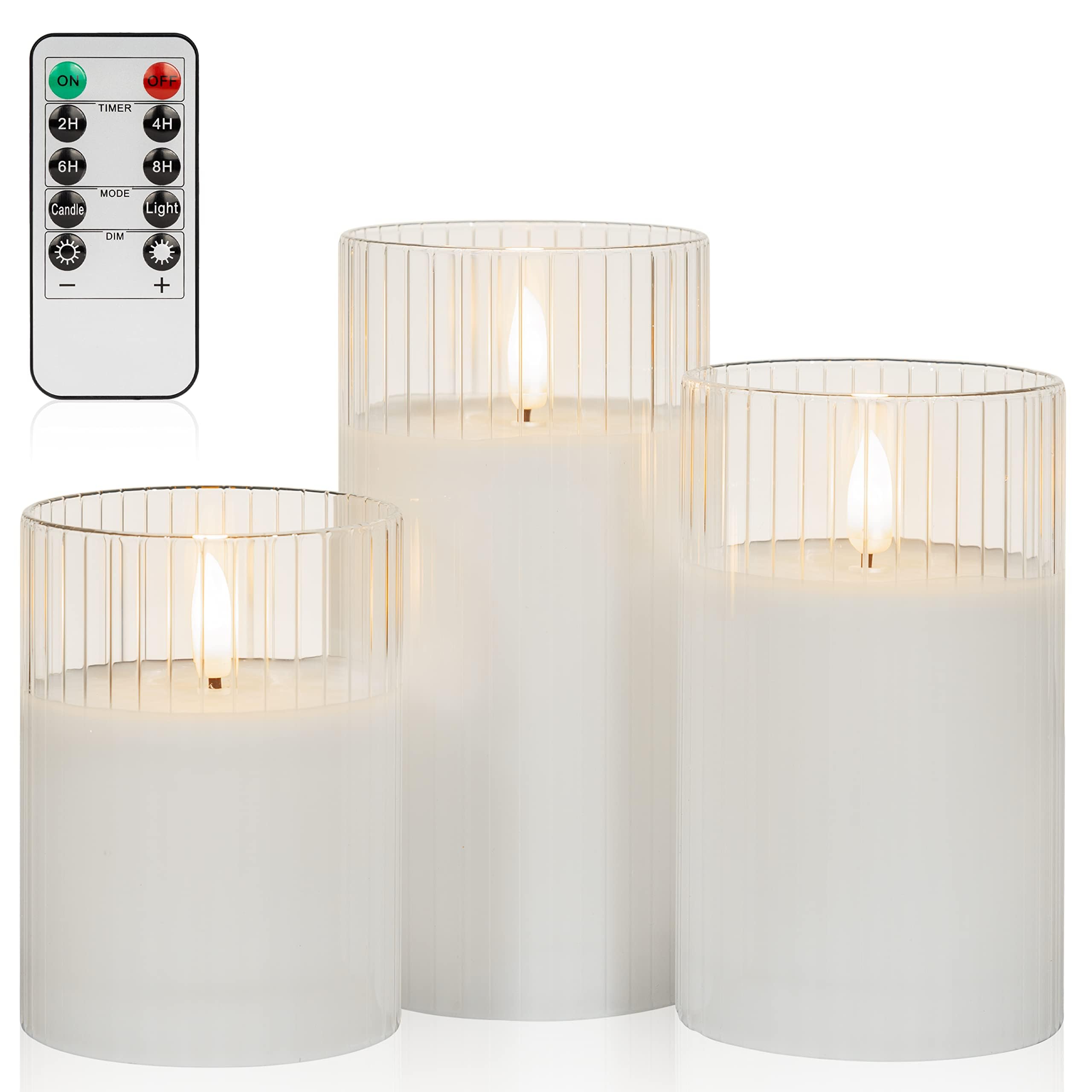 ANGELLOONG White Flameless Candles with Timer, Glass Flickering LED Candle with Remote, Set of 3 Battery Operated Pillar Candles for Bathroom Bathtub Home Decor Wedding Christmas Decoration