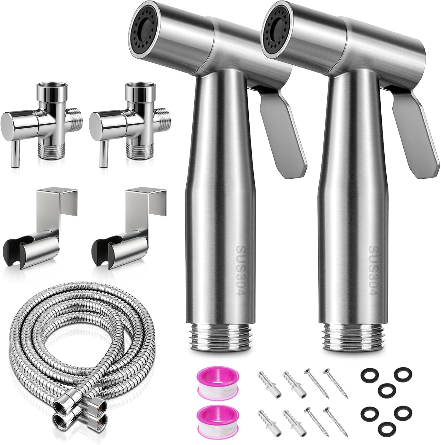 Handheld Toilet Bidet Sprayer 2 Pack, Water Pressure Adjustable Sprayer with Hose and 7/8 "T-Valve, Jet Spray and Soft Spray, for Toilet, Bidet, Shower etc., Stainless Steel, Black