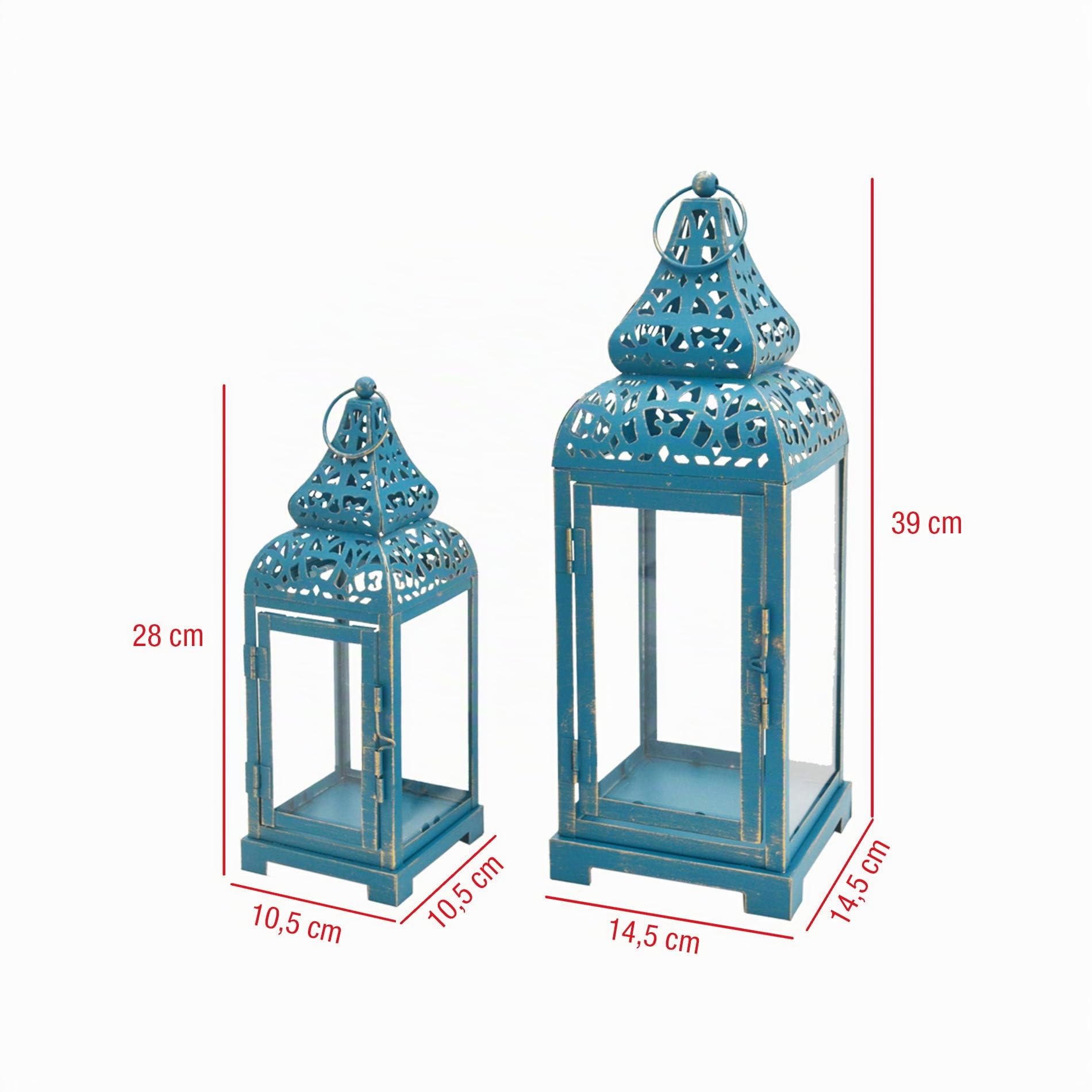 Rebecca Mobili Linternas Portavelas Decorativas Étnicas, Metálico PVC, Oro Azul, para Eventos Bodas Mobiliario del Hogar - Medidas: 39 x 14,5 x 14,5 cm - Art. RE6549