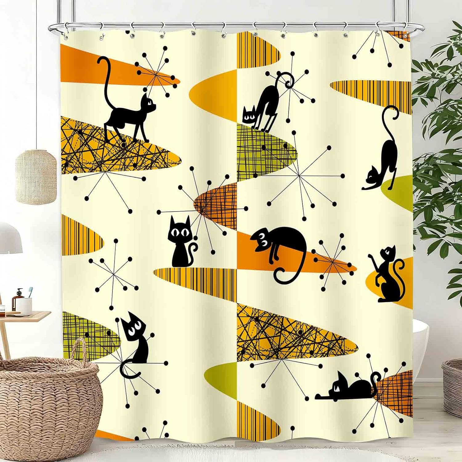 Cat Shower Curtains,Mid Century Retro Abstract Atomic Geometric Vintage Boho 1950s 1960s Pattern Print Yellow Bathroom Waterproof Fabric Bath Shower Curtain Set with Hooks,72x84Inch