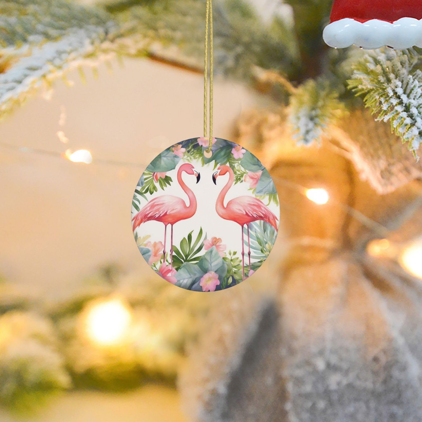 2025 Christmas Tree Decoration Hanging Round Ornament Flamingos and Flowers Ceramic Ornaments Christmas Tree Decorations Round Pendants for Xmas Tree Winter New Year Party Supplies