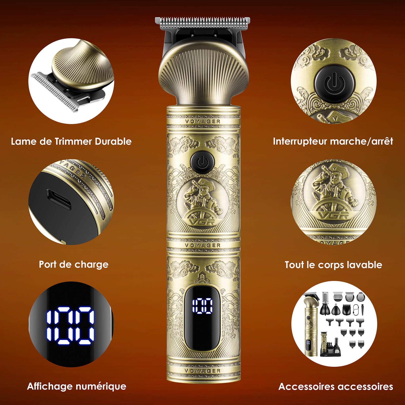 VGR Tondeuse Barbe Homme Kit Professionnel Tondeuse Cheveux Rasoirs électriques 0 mm Cheveux Chauve Avec Lame en T Tondeuse Nez et Barbe Tondeuse de Précision 7 en 1