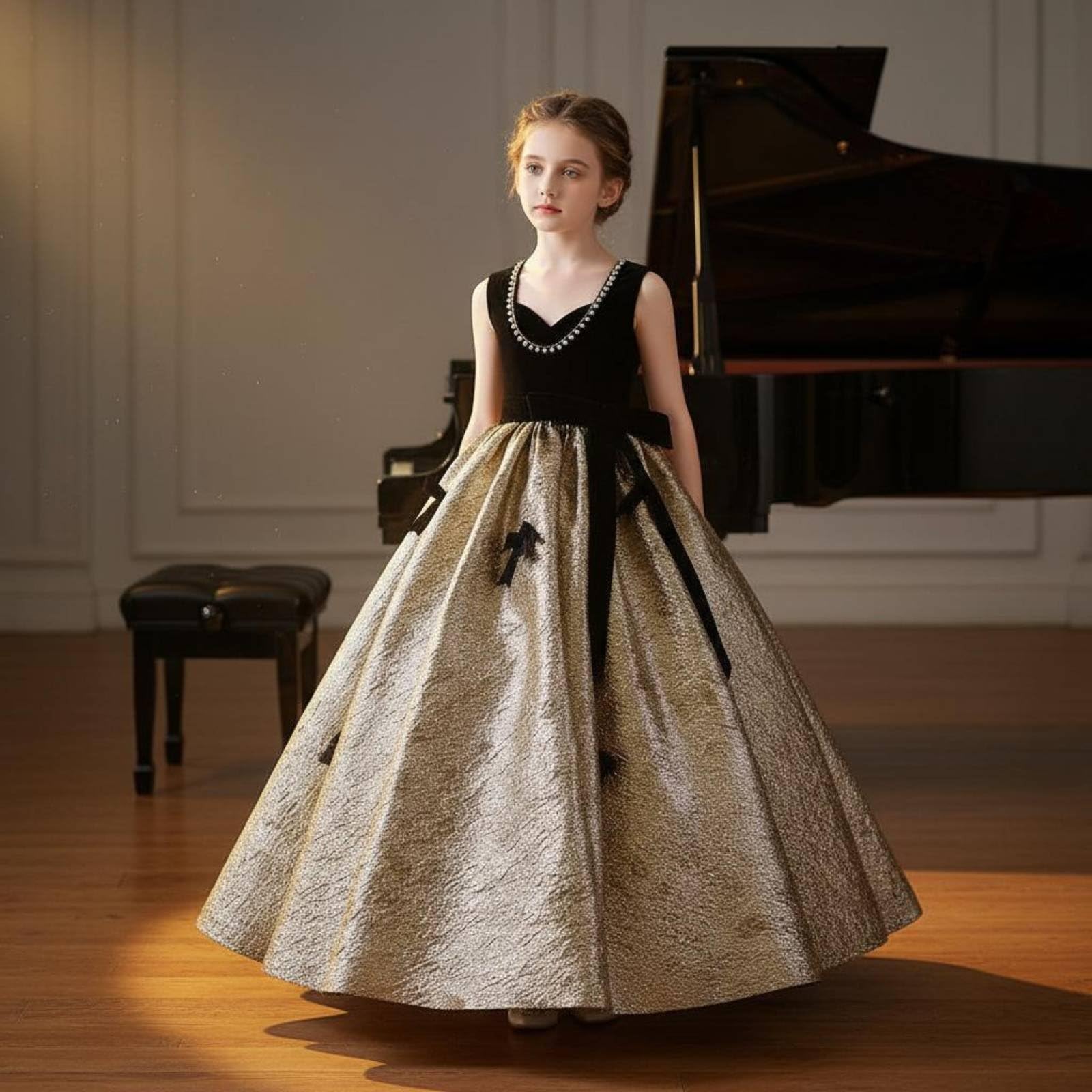 Abito Bambina Abito Cerimonia Vestito Festa Abito Principessa Abito Spettacolo con Linea Ball Gown Gonna Luminosa Nastri in Velluto Collo Decorato con