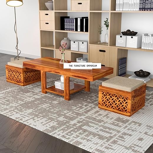 THE FURNITURE EMPORIUM Sheesham Wood Center Coffee Table with 2 Cushioned Stool Wooden Teapoye Table for Living Room Home (Natural Teak Finish)