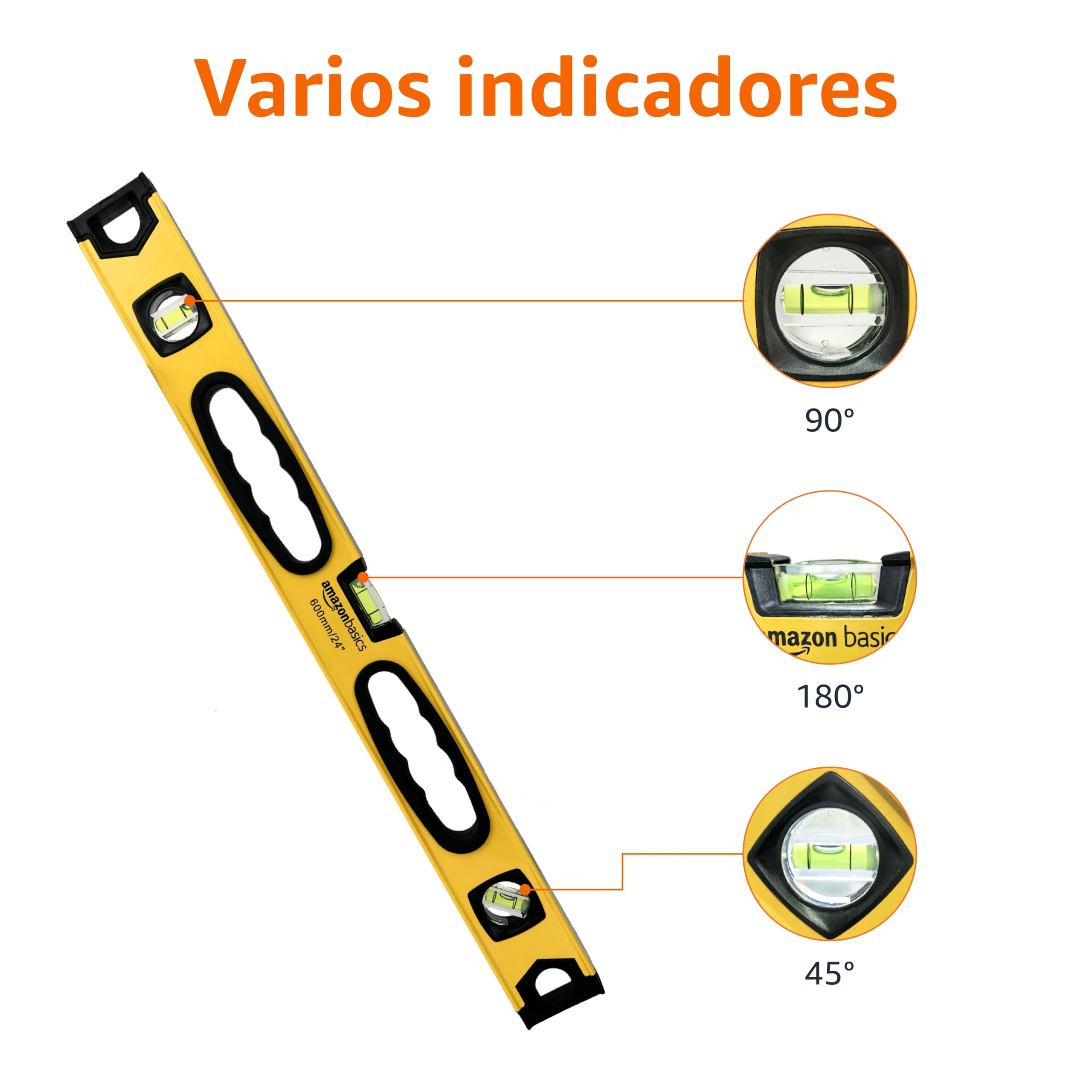 Amazon Basics Nivel de burbuja magnético de aleación de aluminio resistente a los golpes, de 60.9 cm, plomada/nivel/burbujas, 180, 90 y 45 grados, Amarillo,negro
