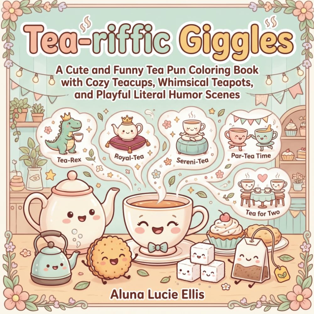 Tea-riffic Giggles: A Cute and Funny Tea Pun Coloring Book with Cozy Teacups, Whimsical Tepots, and Playful Literal Humor Scenes