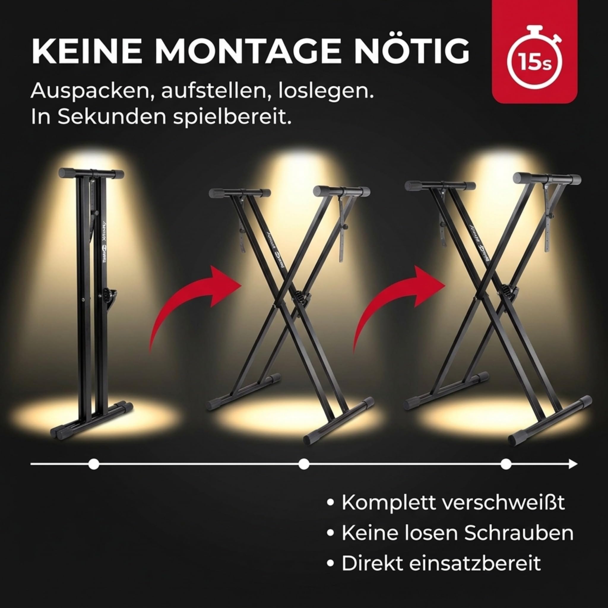 RockJam RJXX363 Xfinity robuster Keyboardständer, verstellbarer Digitalpiano-Ständer mit Doppel-X-Rahmen, Schnellverstellung, Sicherheitssperre und Gurte