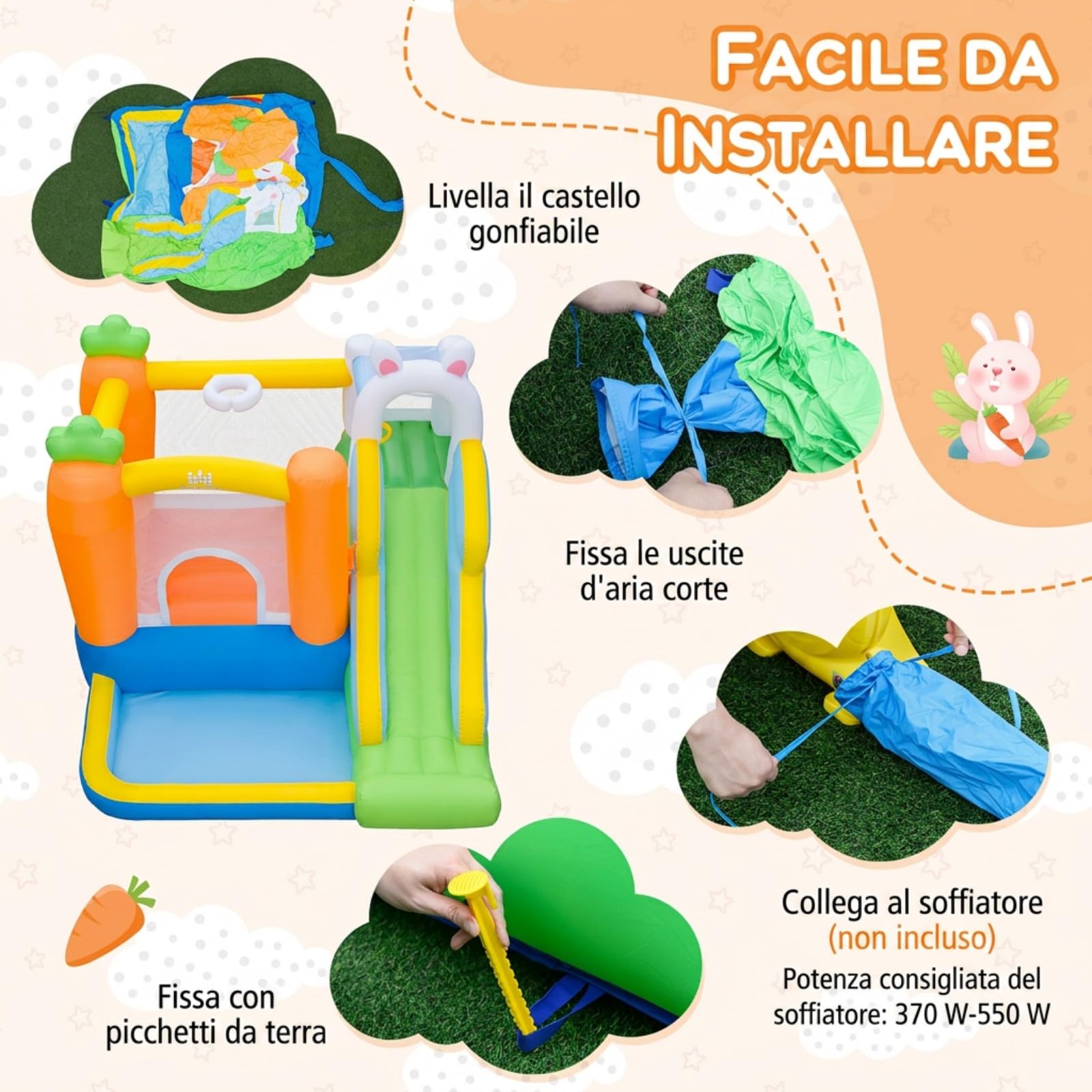 COSTWAY Castello Gonfiabile per Bambini, Casa Gonfiabile per Interno ed Esterno con Trampolino, Scivolo, Piscina con 50 Palline, Parete da Arrampicata e Canestro, per 3-12 Anni (Senza Soffiatore)