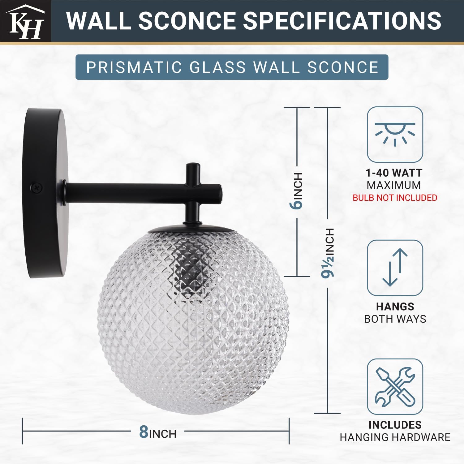 Kenroy Home Black Round Glass Prismatic Globe Wall Sconce, Elegant Modern Design for Hallways, Living Rooms, Bedrooms, and Entryways