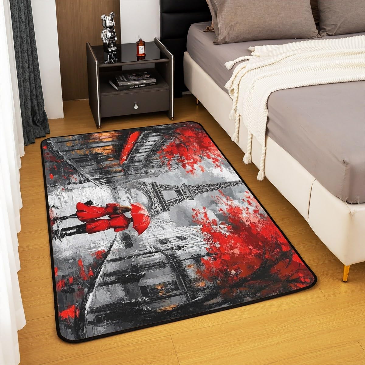 Eiffel Tower Area Rug for Living Room Bedside, Romantic Paris Street Non Slip Carpet, Sweet Couple Lover Red Flowers Floral Accent Rug, French Style Indoor Mat, Chic Paris Cityscape Washable Rugs 5x7