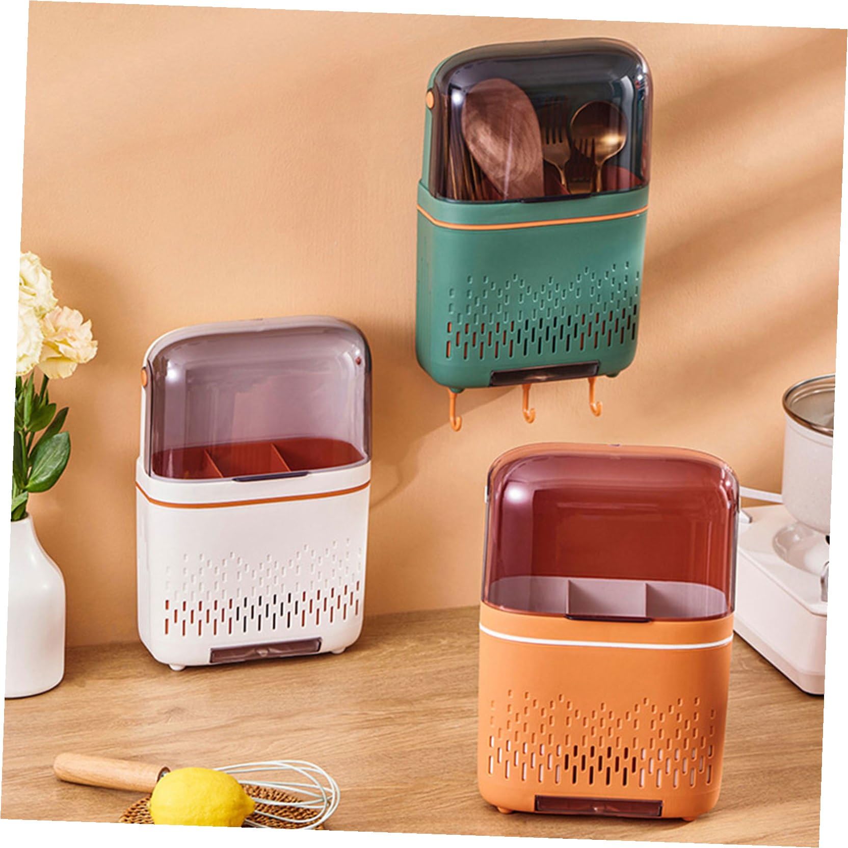 OUNONA Support Mural Blanc pour Ustensiles Cuisine Drainage et Gain de Place, Porte-baguettes en Pp et Pet pour Organisation Pratique Cuisine