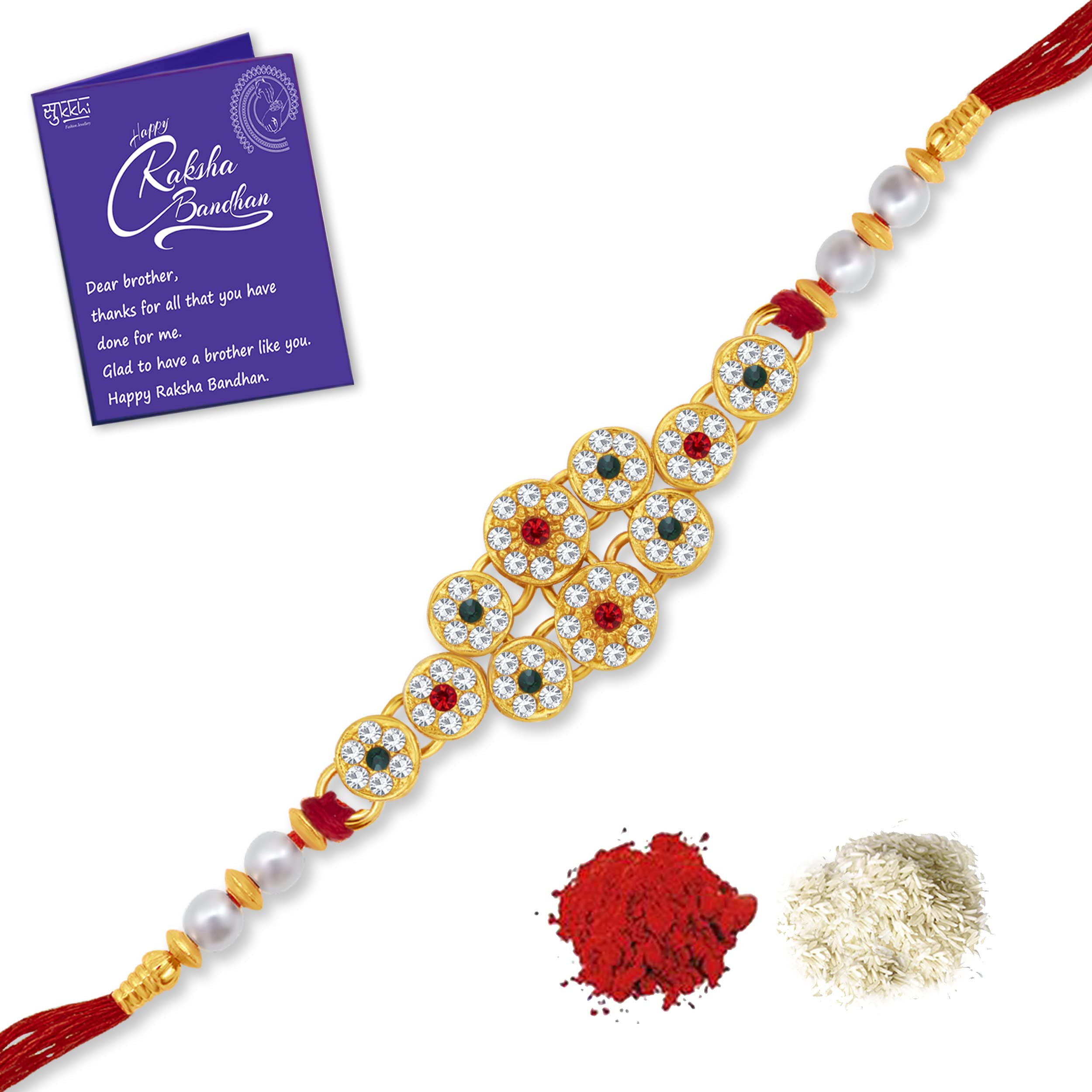 Sukkhi Rakhi Delightful Kundan Designer Gold Plated Premium Rakhi for Brother With Roli Chawal & Greeting Card | Rakhi for Bhaiya | Rakhi for MEN | Kundan Rakhi | (RAK104487) (B0B638VSGM) Amazon Price History, Amazon Price Tracker