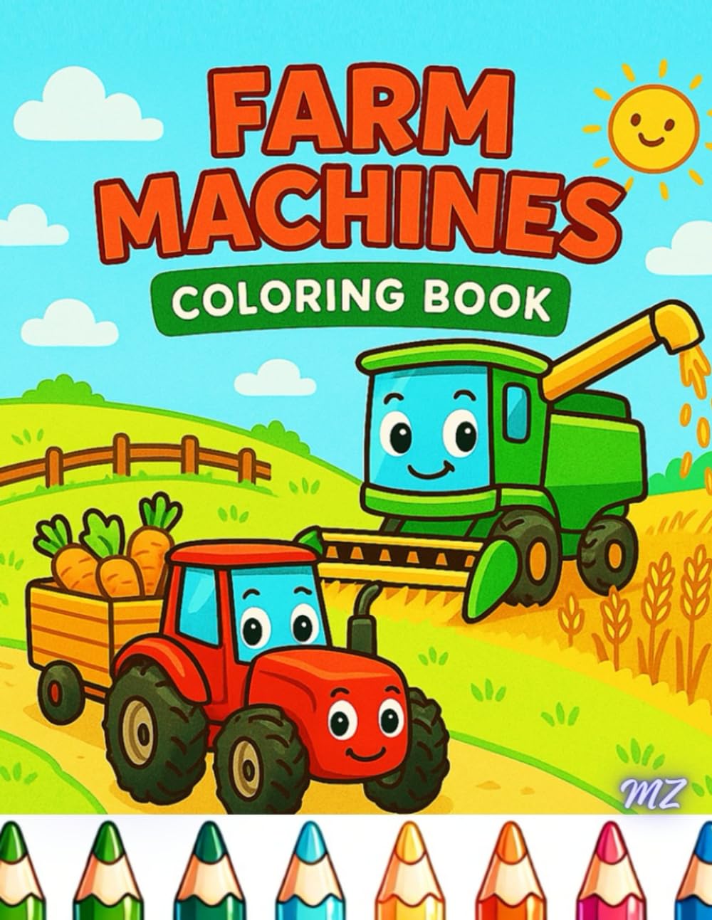 Farm machines coloring book for kids: Farm tractor, combine harvester, farm machines