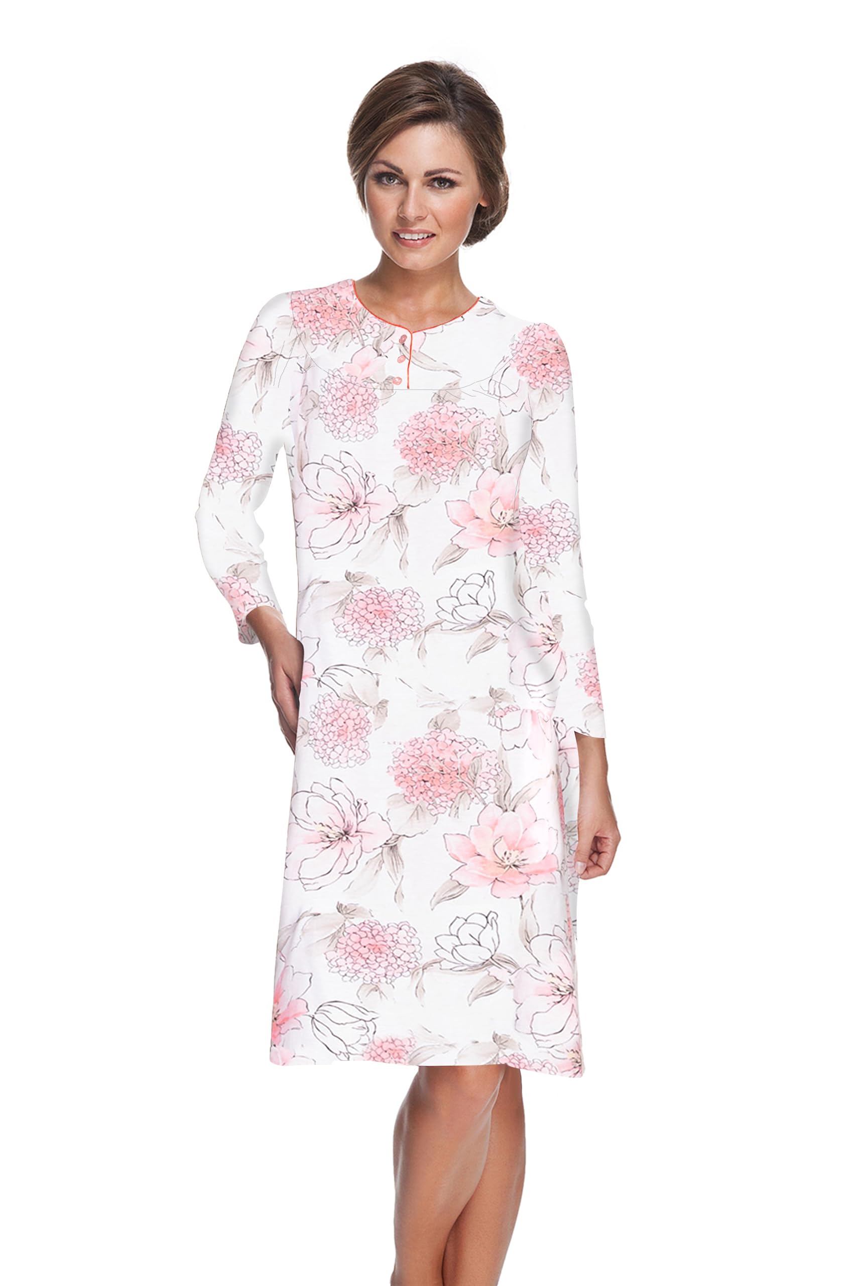 e.Femme® Kate 1029 Women's Long Sleeve Nightdress 100% Cotton, Pink hydrangea, 10