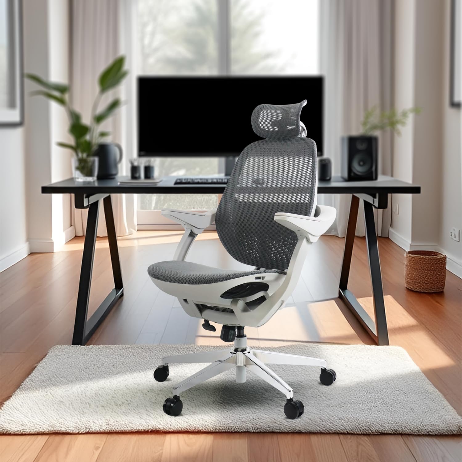 CELLBELL AERO Mesh High Back Chair, Ergonomic Office Desk, Work from Home, Computer, Sturdy Material, Multi Lock System, 3D Armrest & Headrest, DIY Comfortable Modern Design Chair (Grey)
