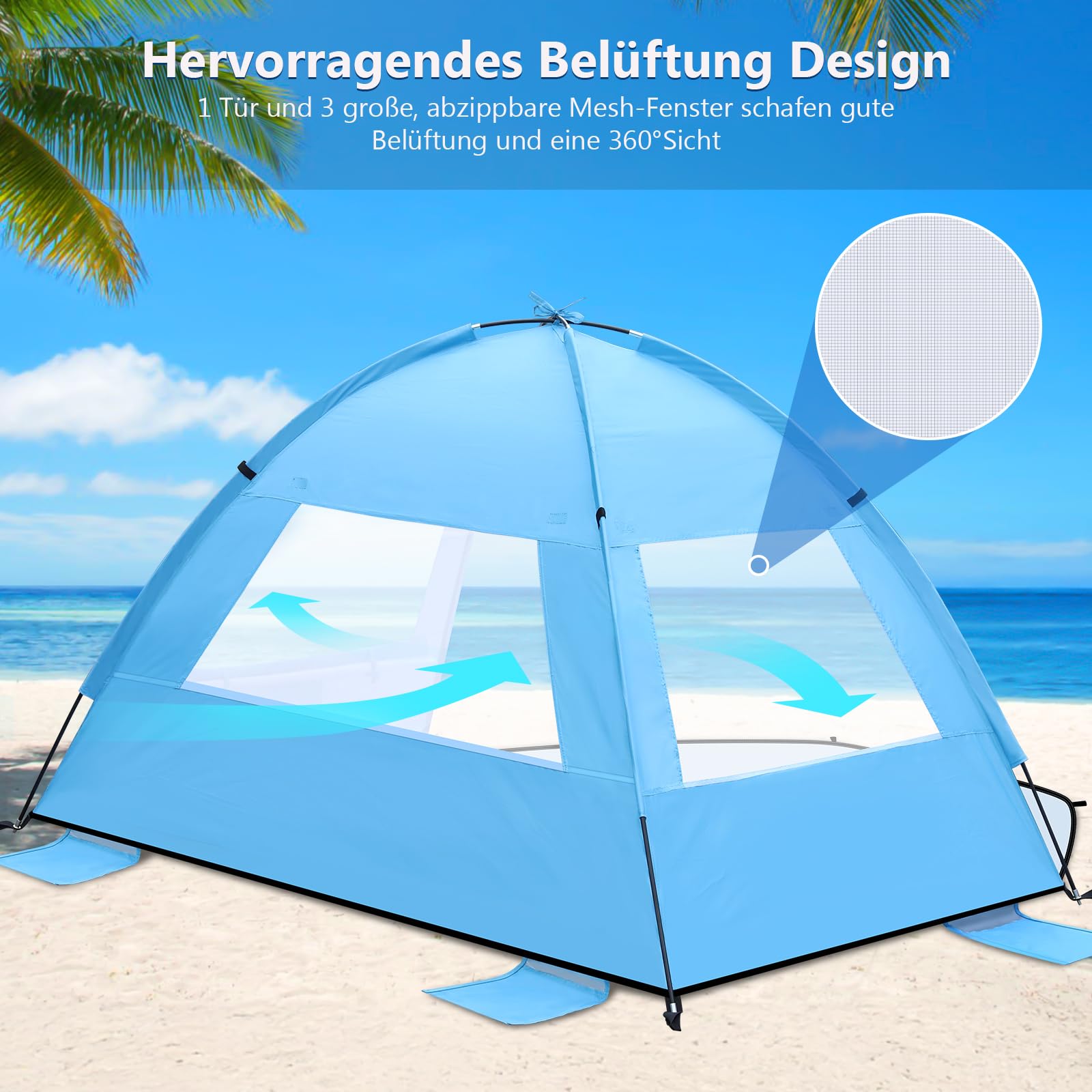 Strandmuschel für 1-3 Personen, Strandzelt mit UV-Schutz 50+ Windschutz, Stabiles Sonnenschutz Strand Zelt, Beach Tent with Carry Bag mit kleines Packmaß für Baby Kinder Familie Camping Garten Strand