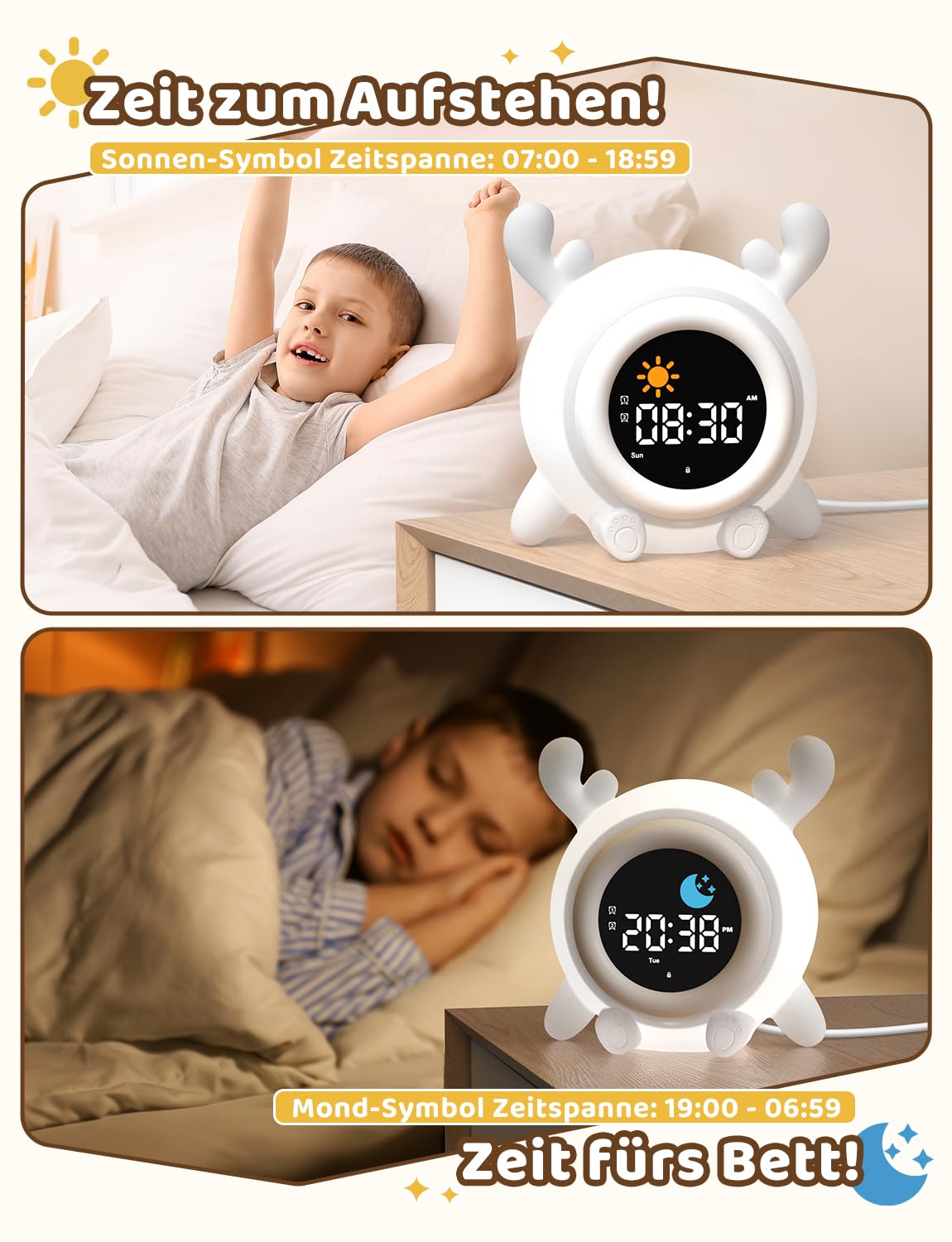 Yissvic kinderwecker Jungen, Schulanfänger Lernwecker Kinder 2 Alarme, Wochenendmodus Snooze 10 White Noise RGB Nachtlicht Wecker,Kinderzimmer Deko Rentiere