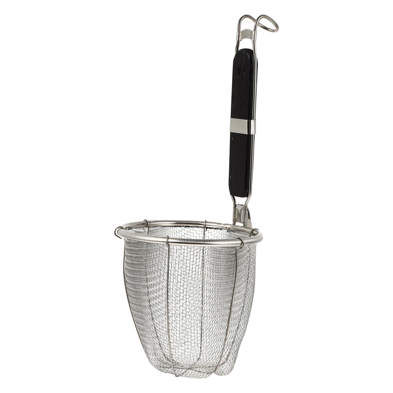 ULTECHNOVO Large Strainer Colander Basket - Stainless Steel, Wooden Handle for heat resistance, fine mesh Udon Pasta Noodle Ramen Rinsing Straining Boiling Frying