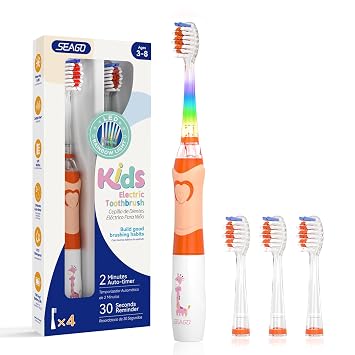 SEAGO Kids Electric Toothbrush with 2 Mins Brushing Timer and 4 Replacement Brush Heads, Rainbow LED Light Makes Brushing Fun, Boys Battery Powered Toothbrush for 3-8 Years Old,SG-977Orange