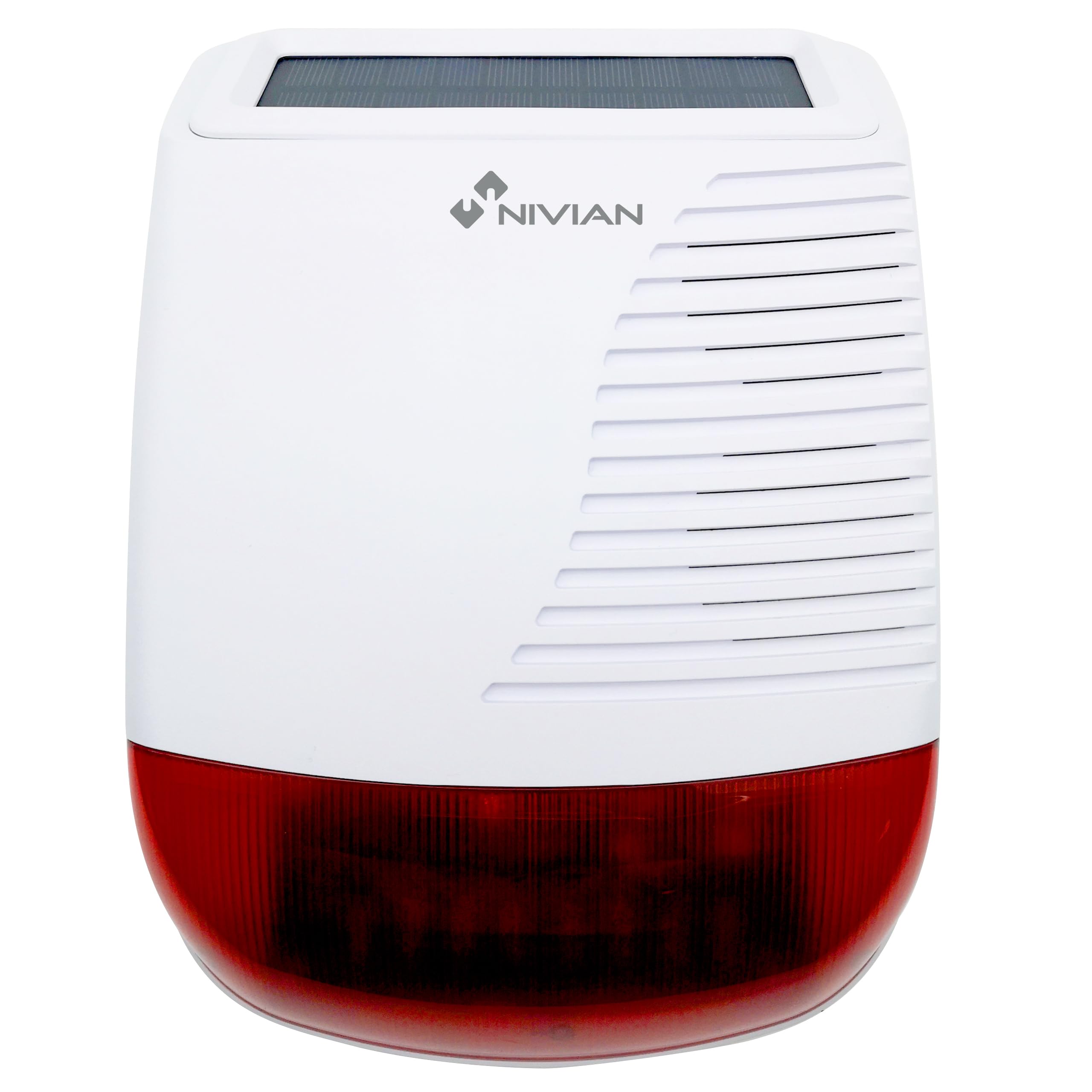 Nivian NVS-SOLARSIREN - Sirena de Exterior Inalámbrica Solar 120 dB con Flash LED, Compatible con Sistemas de Alarma Nivian, Impermeable IP65, Batería Recargable, Alcance 80 m, Antimanipulación