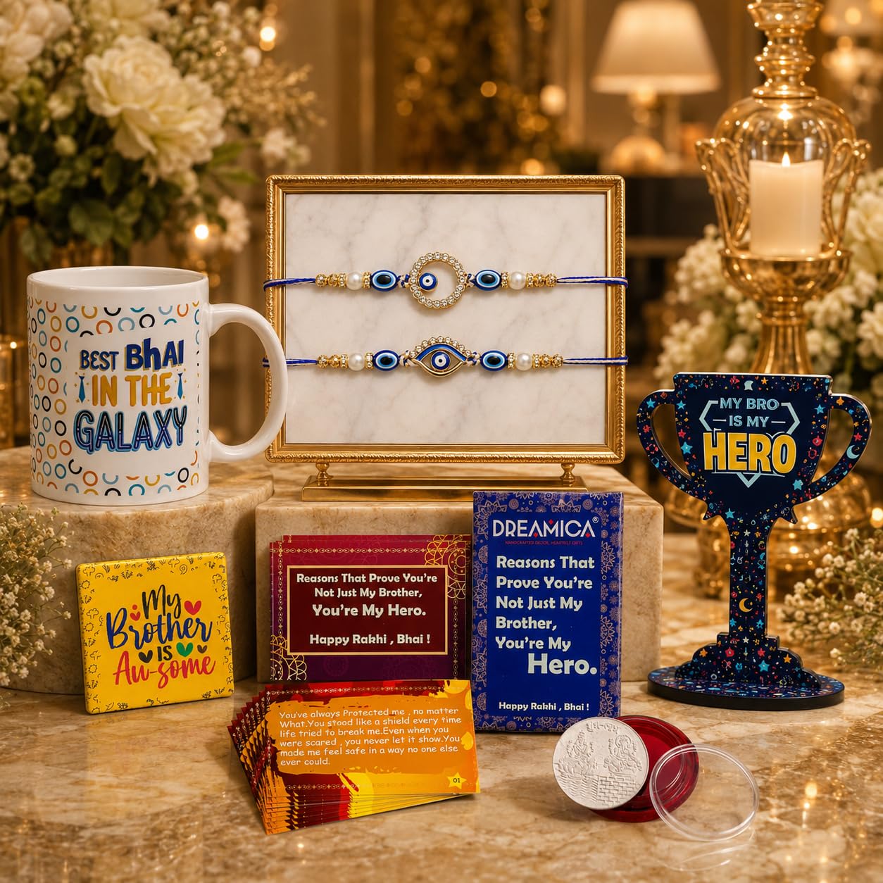 Dreamica Designer Set of 2 Rakhi, Mug, Silver Coin, Trophy Showpiece, Set of 8 Cards, Fridge Magnet, Greeting Card and Tilak Set| Best Rakhi Gift for Brother