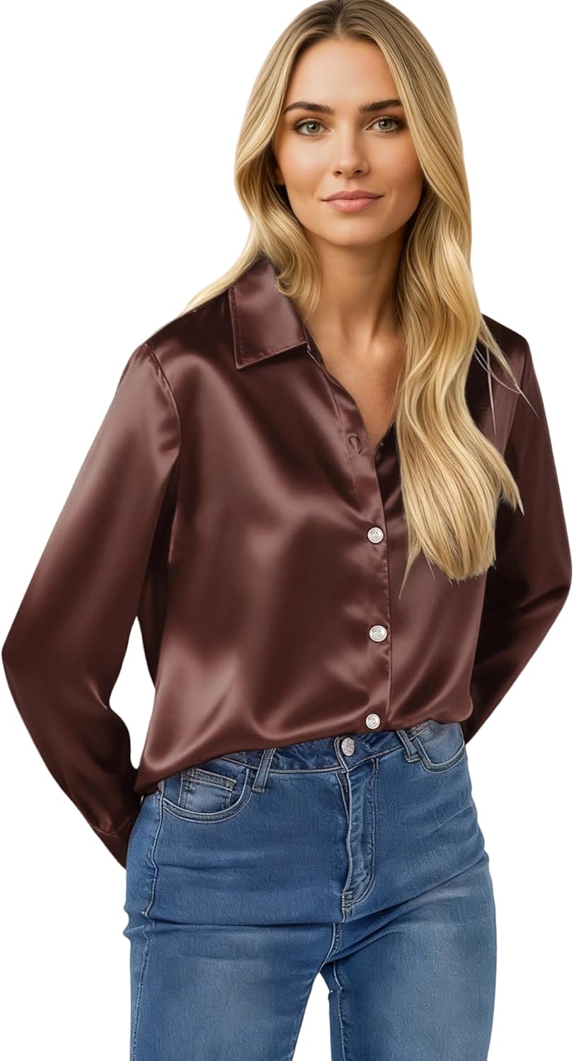 Satin Shirts for Women, Silk Blouses for Women Dressy Elegant Satin Button Down Shirts Holiday Tops Christmas Party Outfits - Image 3