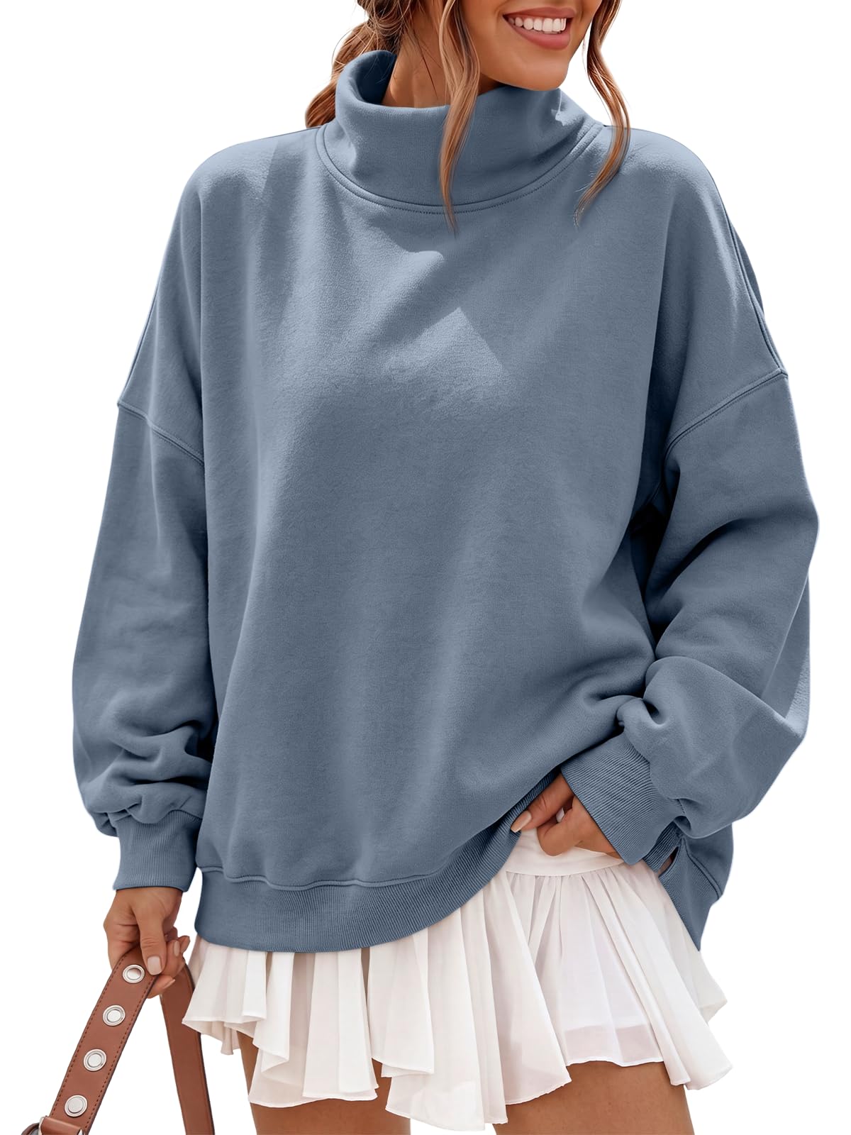 Trendy Queen Women’s Fleece Oversized Mock Neck Sweatshirts with Pockets | Fall Winter Soft Cozy Fleece Lined Side Split Pullover, Maternity Basic Lounge Wear, Casual Work Cute Long Sleeve Tops
