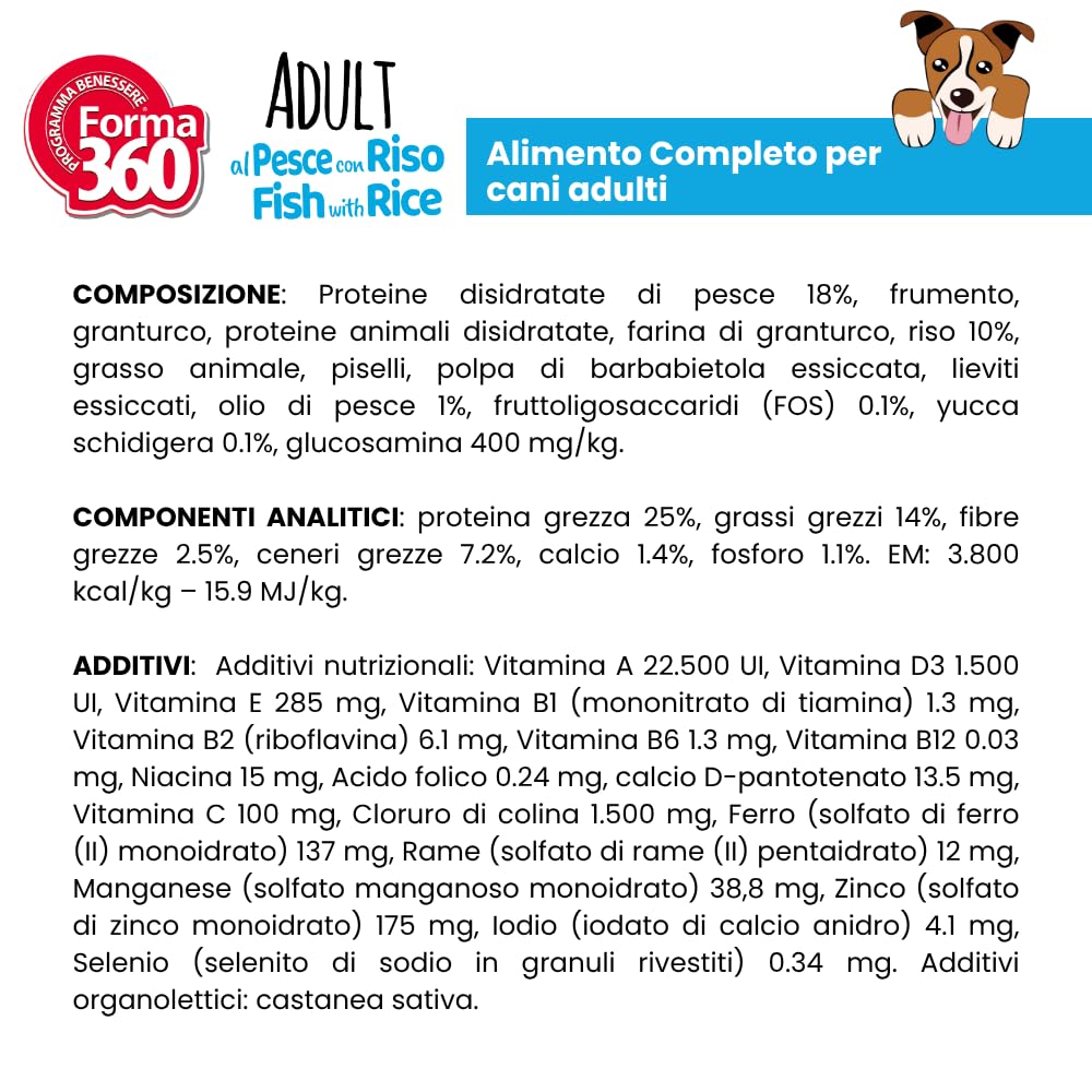Pet360 Forma Adult Pesce e Riso 12 Kg – Crocchette per Cani Adulti Medium e Maxi – Alta Digeribilità con Omega 3, FOS e Glucosamina – Supporto Cute, Pelo e Articolazioni