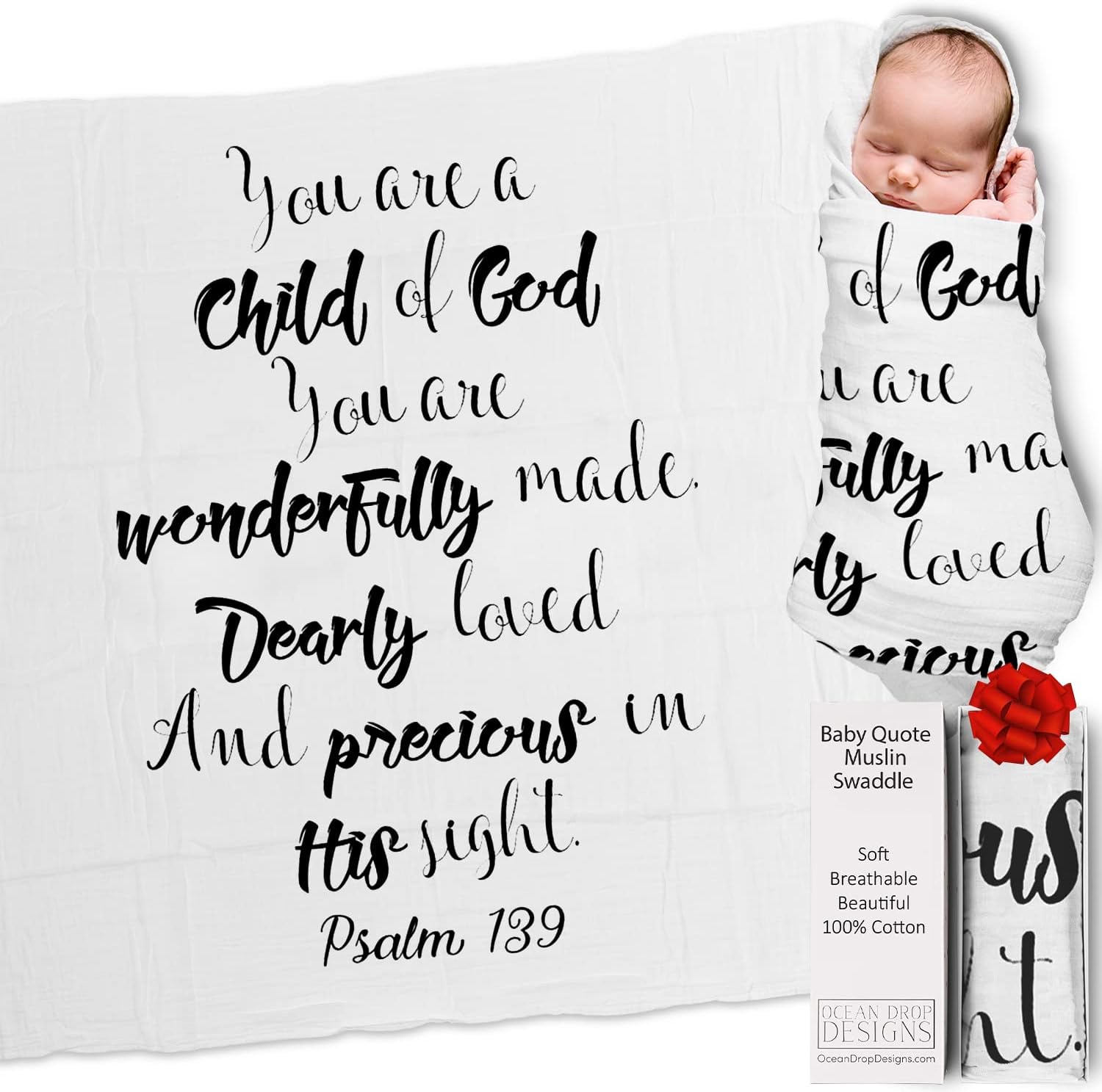 Ocean Drop Designs Muslin Swaddle Blankets - Muslin Baby Blanket - Baptism Gifts for Boys & Girls - Gender Reveal Gifts for Boys & Girls - Christian Baby Gifts - Personalized Baby Gifts