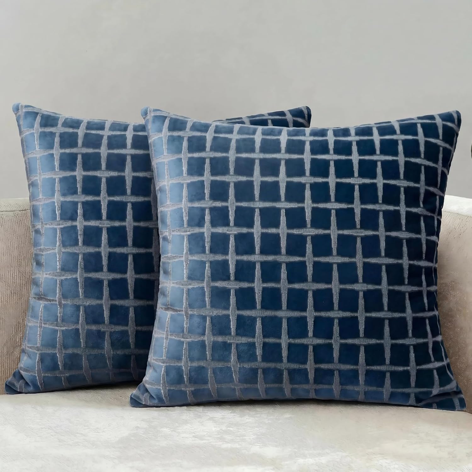 Mantle & Mason Boho Throw Pillow Cover 18x18 Set of 2 Decorative Couch Pillow Case Sofa Bed Chair Living Room Modern Farmhouse Scandi Checker Plaid Pattern Home Decor Cushion Cover Blue