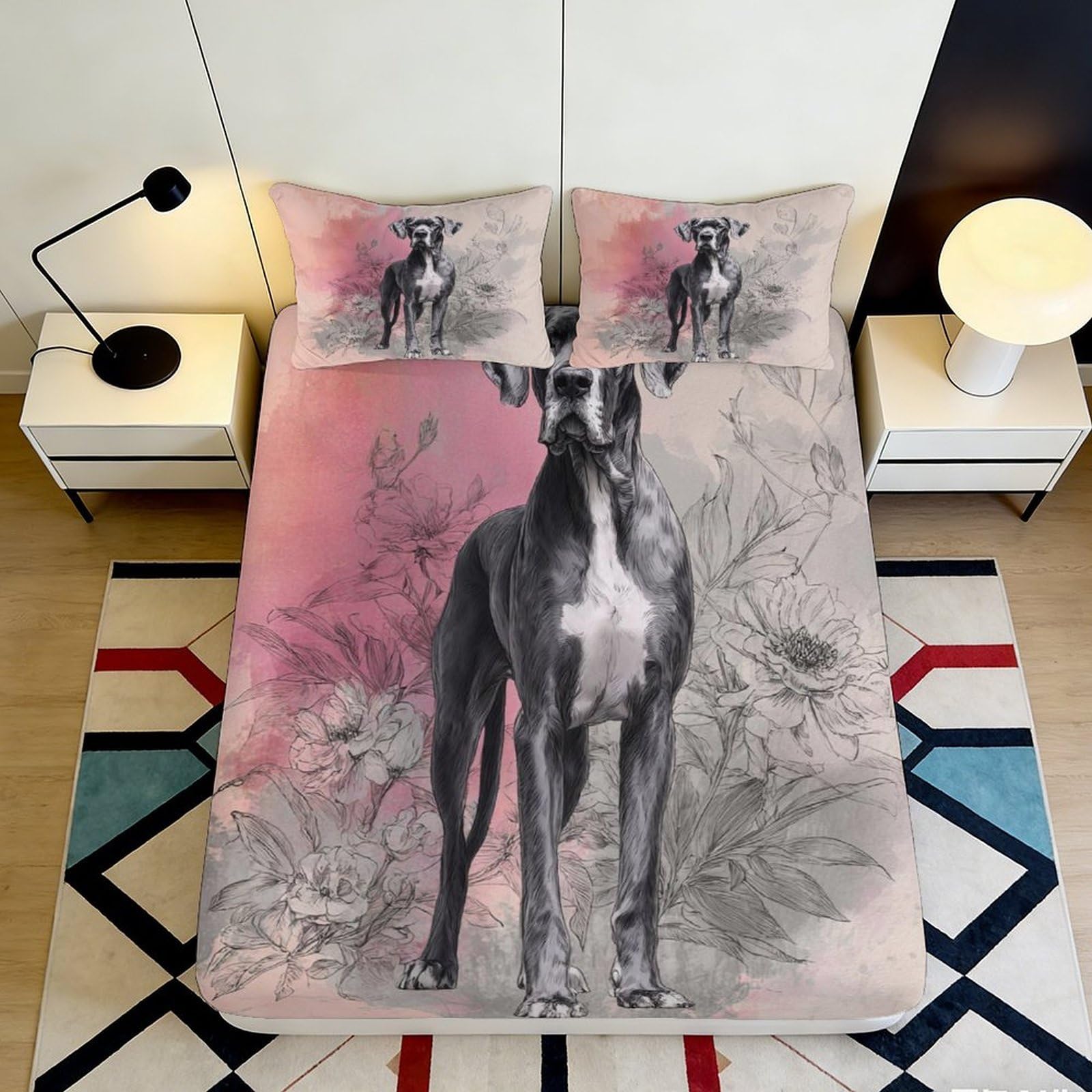 3D Printed Great Dane Dog Fitted Sheet Microfiber Soft Durable Floral Bed Cover for Bedroom Dormitory Guest Room Mattress Protection Decoration 160x200x25cm