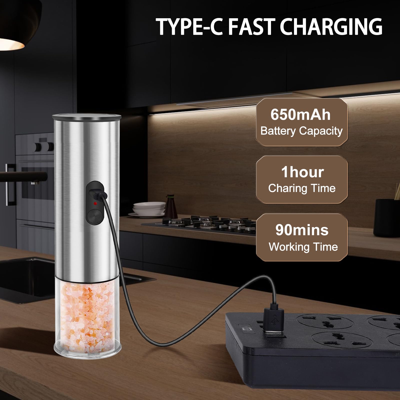 Enutogo Ensemble moulin à poivre et sel électrique rechargeable par USB, moulin automatique avec grossier réglable, fonctionnement à une main avec lumière LED, acier inoxydable (ensemble/argent)