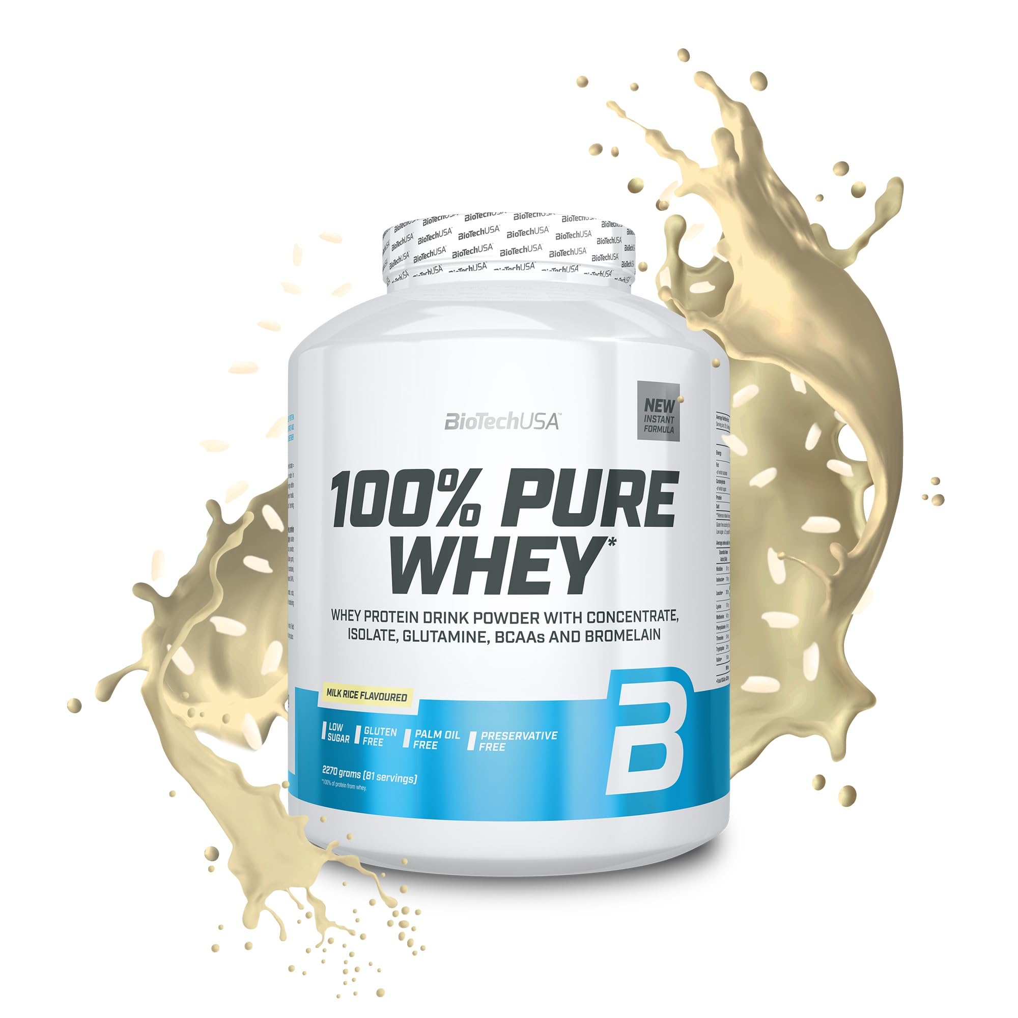 BioTechUSA 100% Pure Whey | Protein Powder with BCAA and Glutamine | Gluten-Free, Palm Oil Free | 21g Protein per Serving, 2.27 kg, Milk Rice