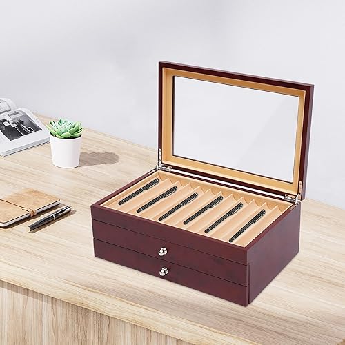 Miniatura 8 de 3 Layer Wood Pen Display Box, 34 Slot Wood Pen Display Organizer with Visible Glass Lid, Red Fountain Pen Storage Box for Desk, Study, Living Room