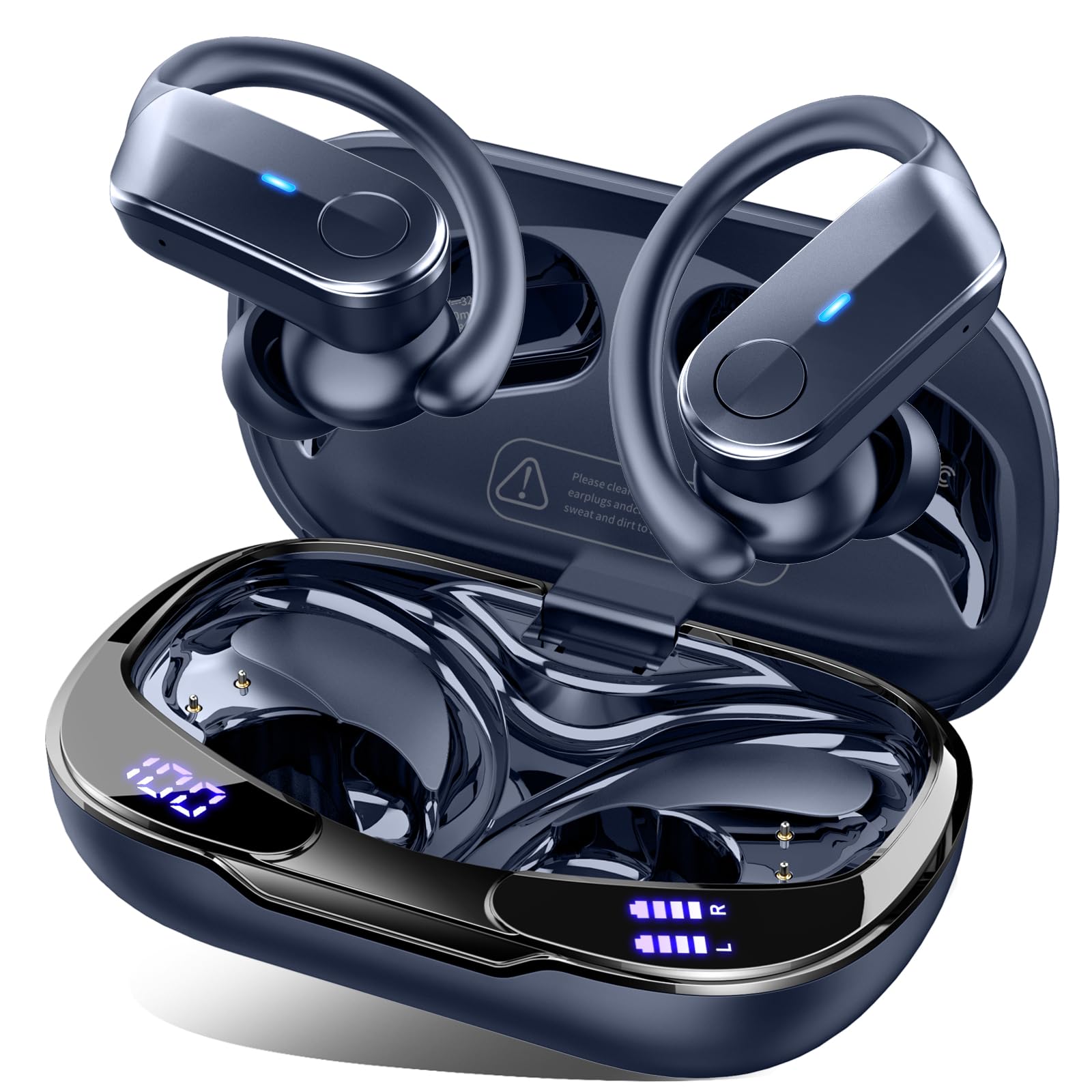 Cuffie Bluetooth 5.4 Sport, Auricolari Bluetooth 70 Ore HiFi Stereo,Cuffie Wireless Impermeabili IPX8,4 ENC Cancellazione Rumore Mic,Con Display a LED, Headphones Per Corsa e Sport Estremi, Blu