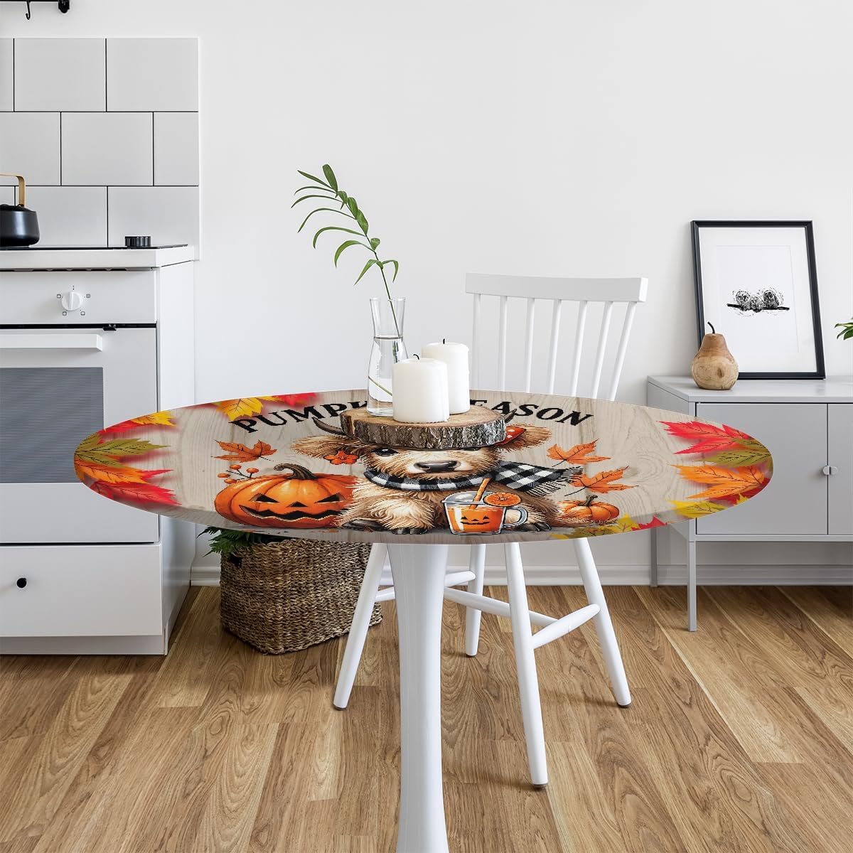 Round Tablecloth with Elastic Edge Highland Cow Fall Leaves Fitted Circle Table Cover wipeable Round Table Cloth for Indoor Outdoor Patio Dining Kitchen Decor for 45-50inch Tables