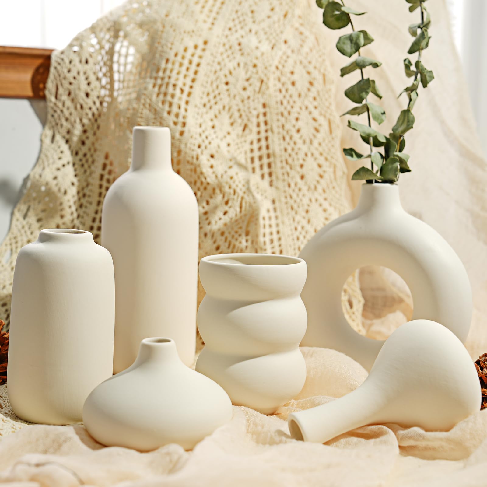 Juego de 10 jarrones pequeños de cerámica blanca a granel, modernos jarrones bohemios para hierba de las pampas, flores, jarrones decorativos de cerámica blanca para decoración del hogar, decoración 2