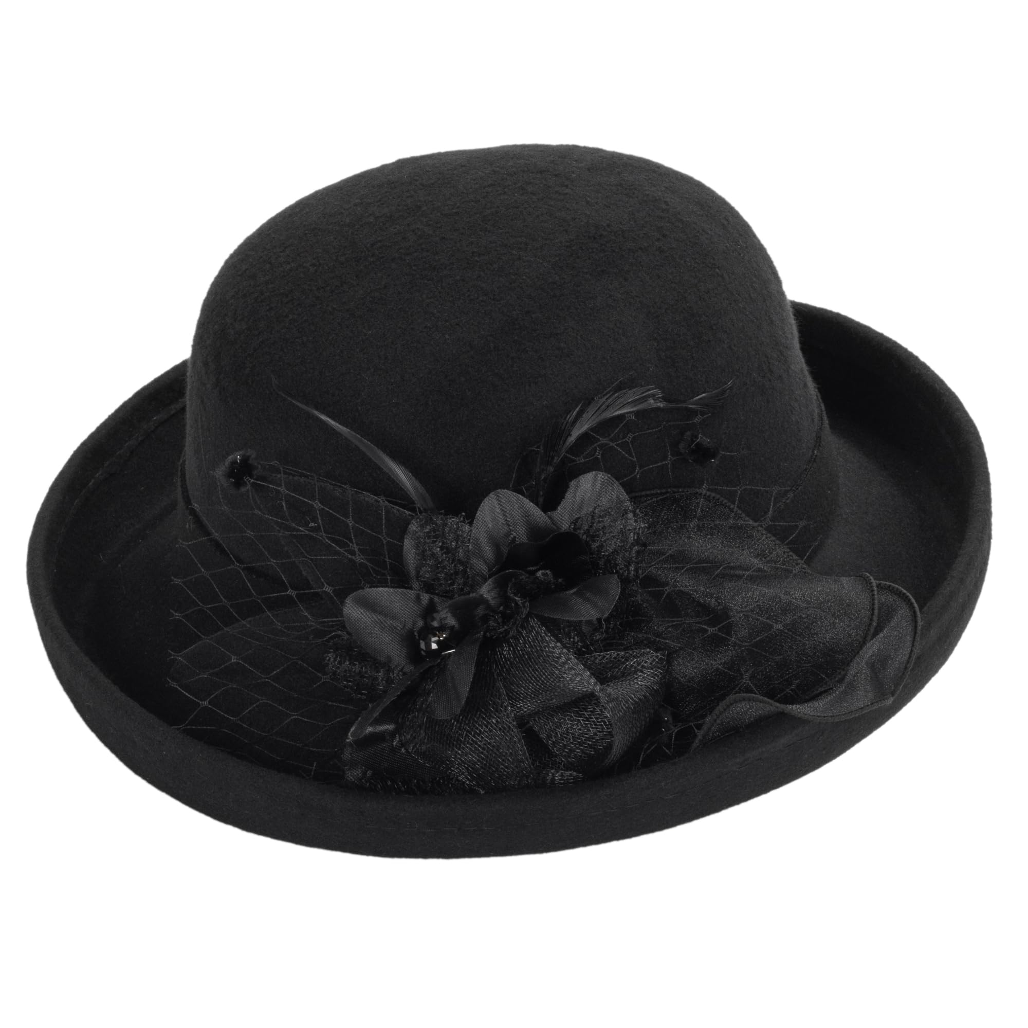 Women-Felt-Bowler-Fedora-Hat with Floral-Fascinator for Kentucky-Church-Derby-Wedding-Party