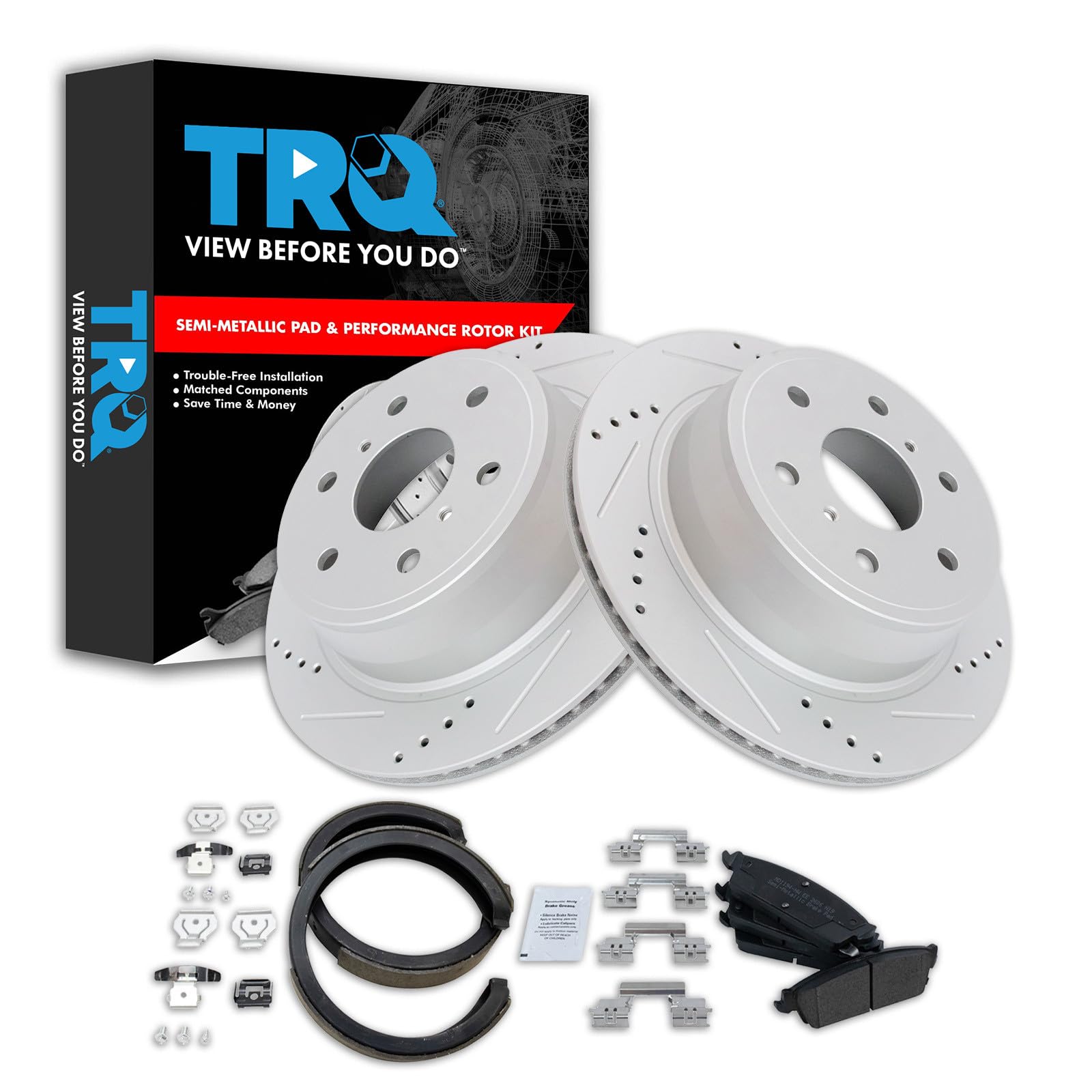 TRQ Performance Rear Brake Pad and Rotor Set Semi Metallic G Coated Rotors Compatible with 2007-2010 Cadillac Escalade 2007-2013 Chevrolet Avalanche GMC Sierra 1500
